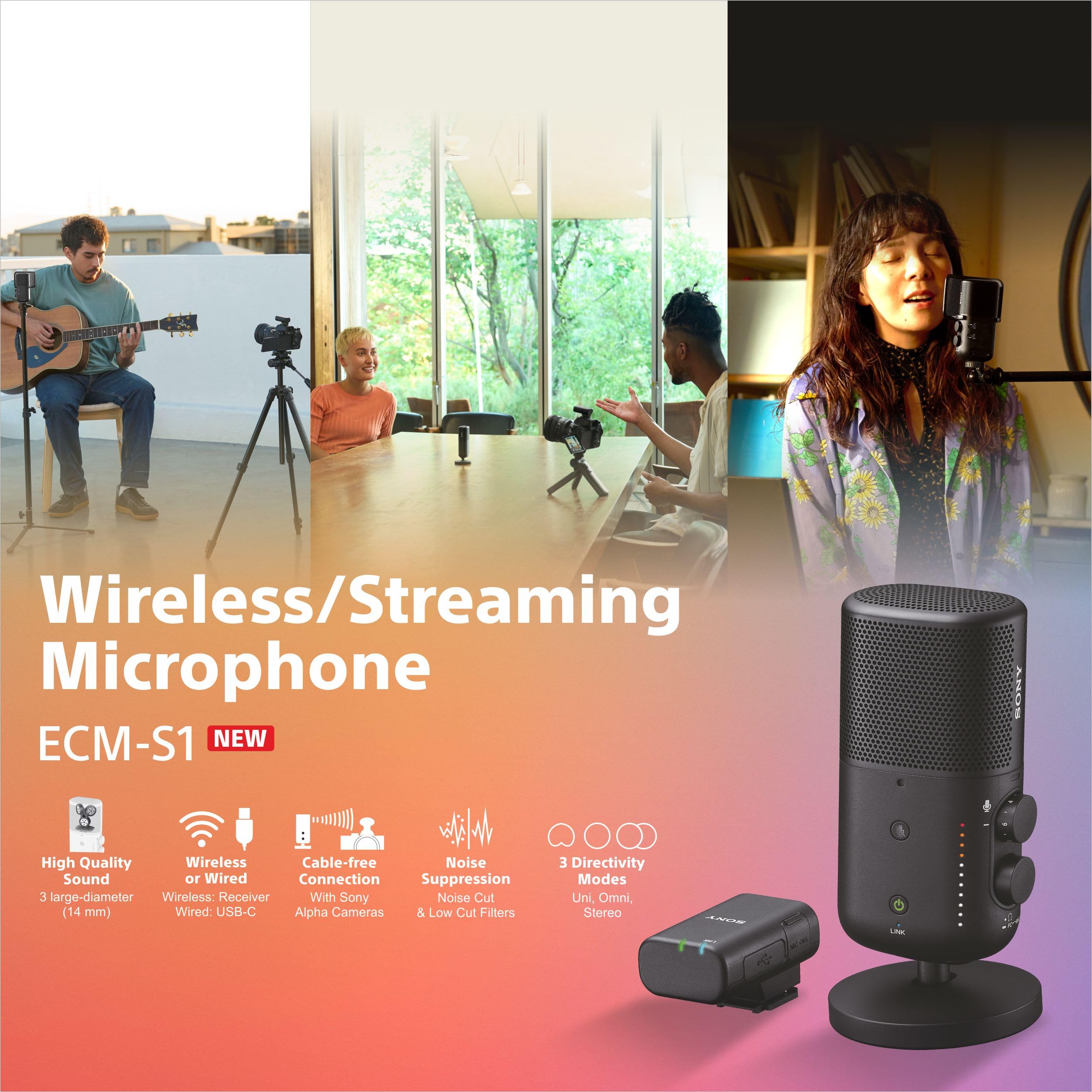 Sony ECM-S1 bezprzewodowy mikrofon streamingowy Sony | odbiornik MI Shoe/USB, redukcja szumów, niski latency, idealny do streamingu, vlogów i wywiadów (ECM-S1)