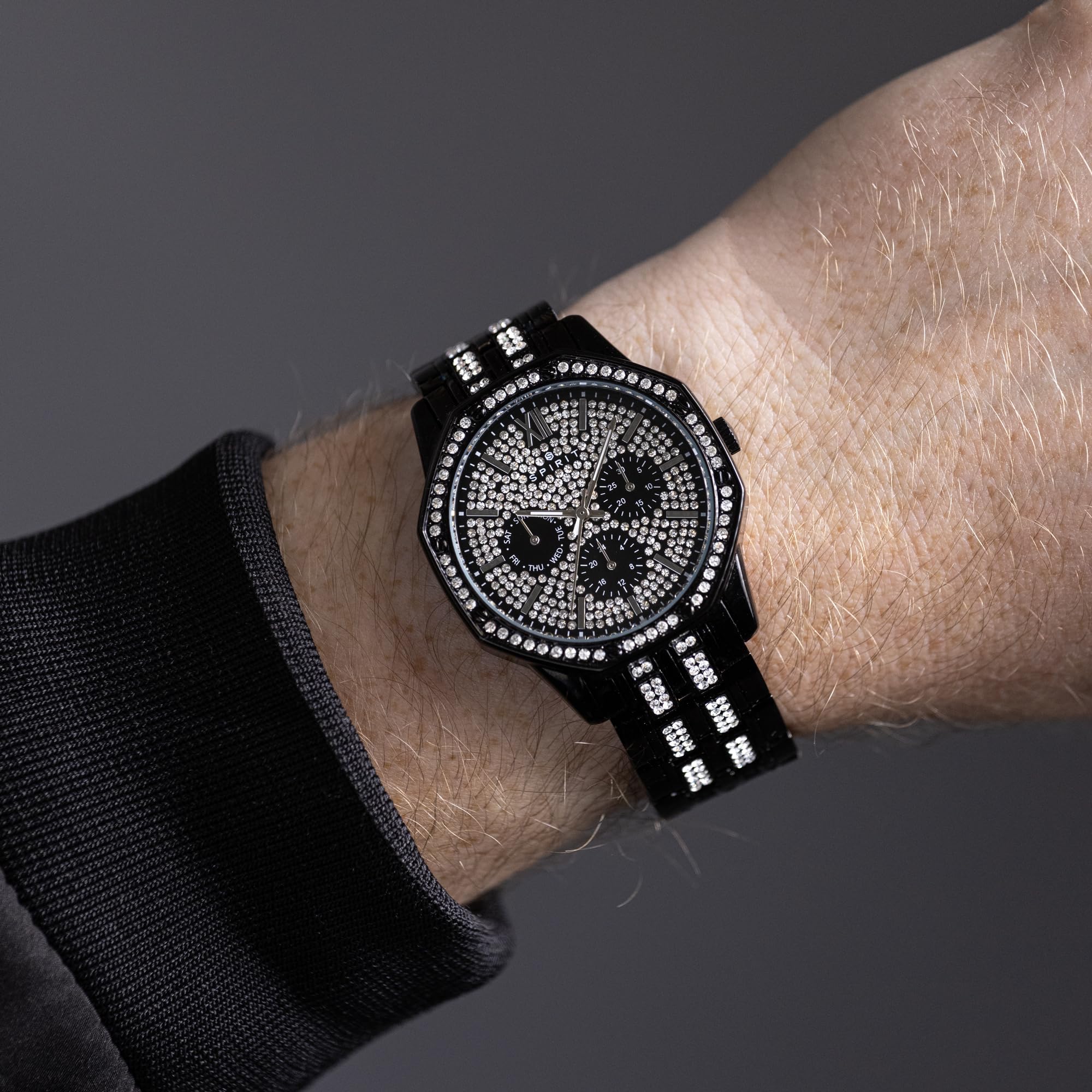Spirit męski czarny kamień zestaw chronografu bransoletka analogowy zegarek kwarcowy, Czarny, Nowoczesny