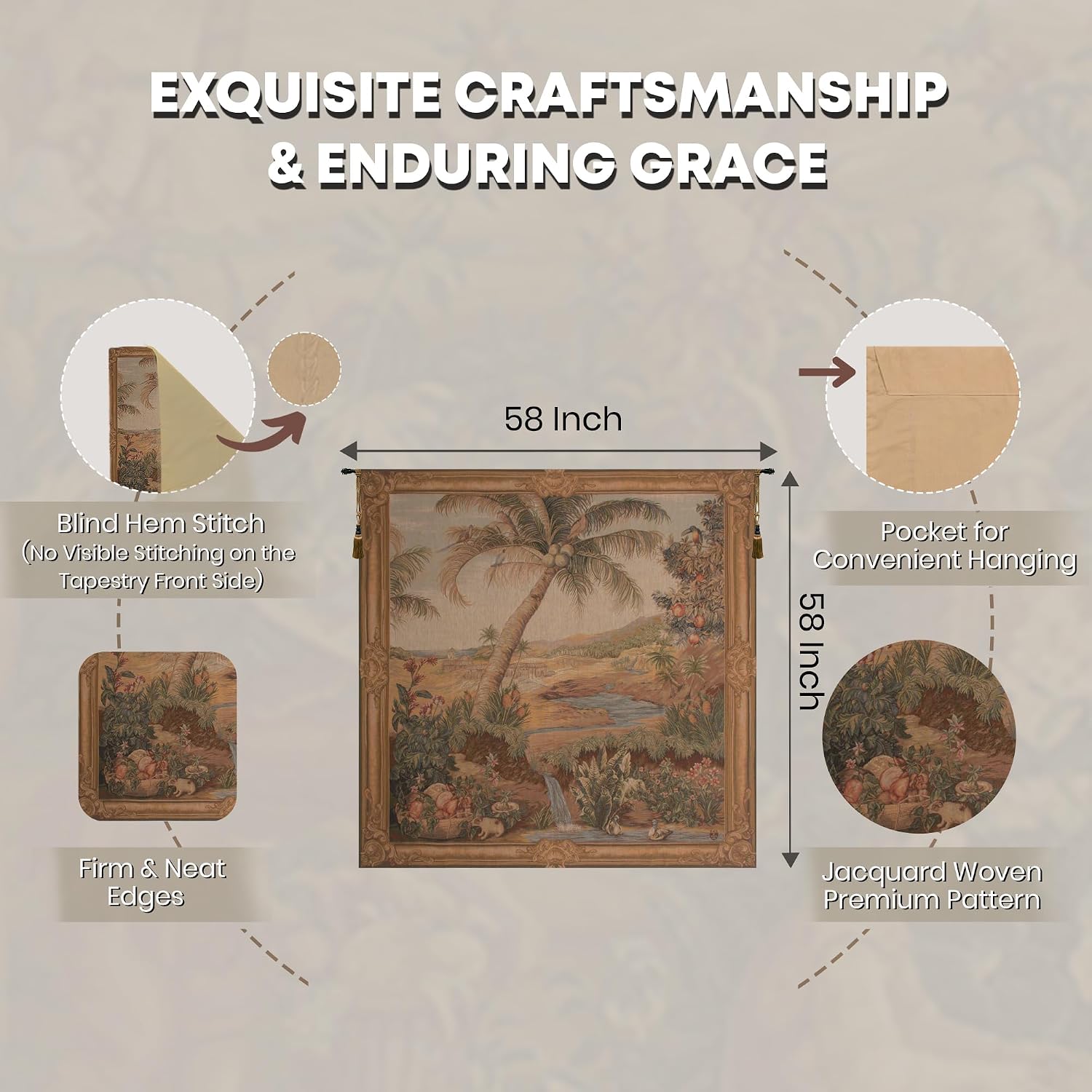 Charlotte Home Furnishings Inc. L'Oasis Carre Square French Tapestry Wall Hanging 58 x 58 Inch Viscose Cotton and Polyester Blend Wall Art Perfect For Home Decor Wall Decor by Albert Eckhout