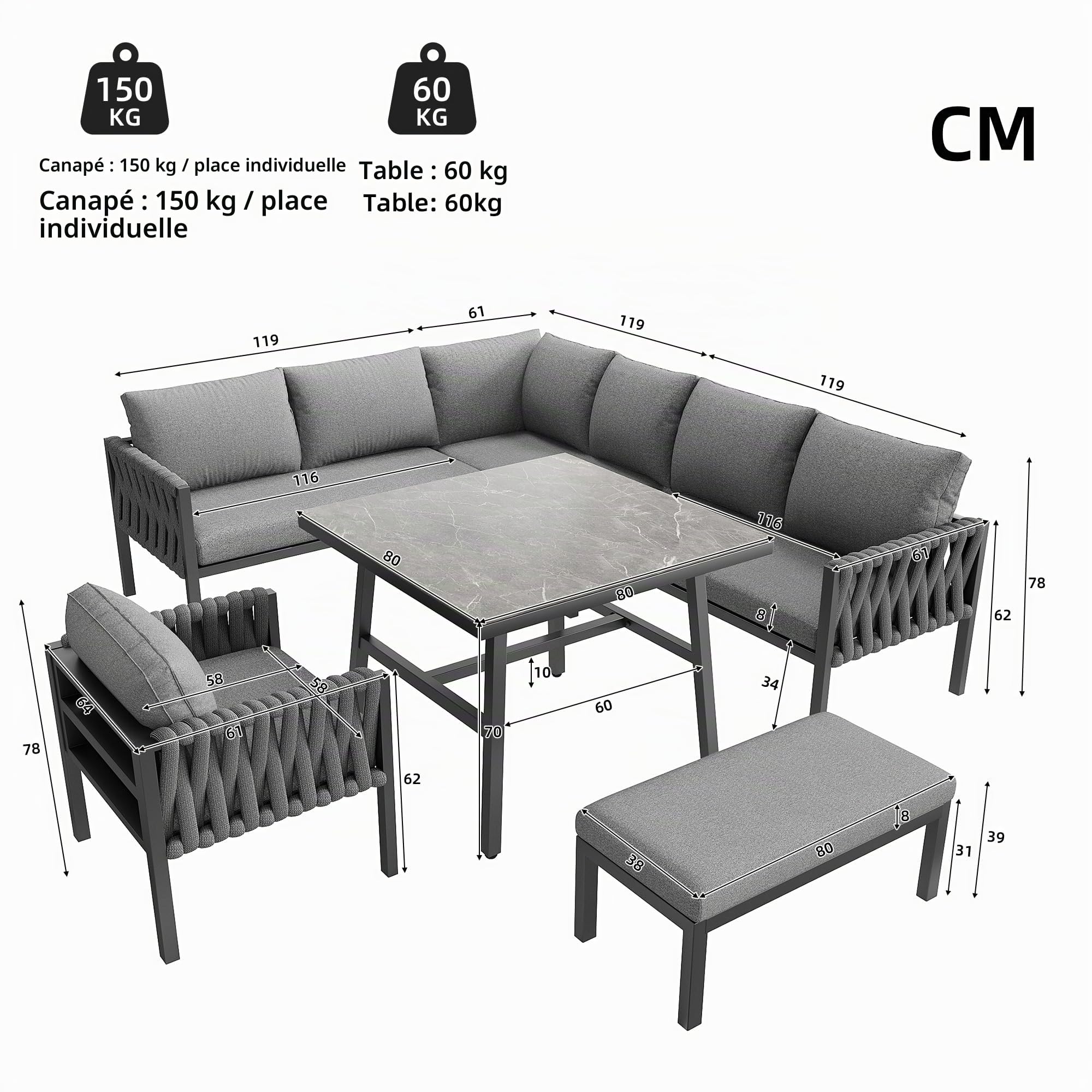 Sapgaks Ensemble de Salon de Jardin extérieur 7/8 Personnes en Corde avec Structure en Fer galvanisé,Pieds réglables,canapé d'angle+Table+Banc + Fauteuil,Plateau de Table en Verre trempé (C-Gris)