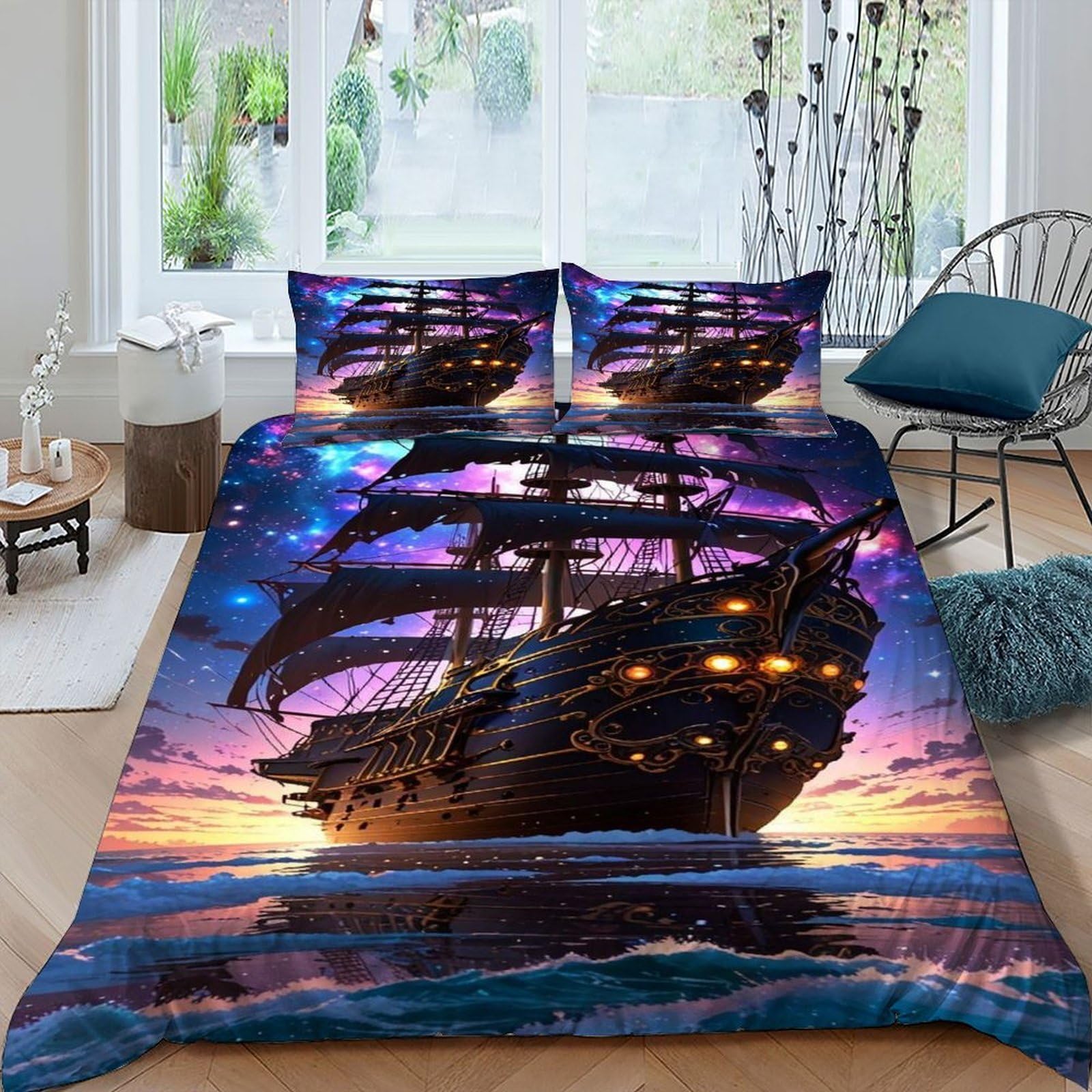 Ship Galaxy Bedding Set Theme Bedspread Ship Duvet Cover Set 3 Pieces Chic Breathable Comforter Cover Universal for All Seasons with Pillowcase King（220x240cm）