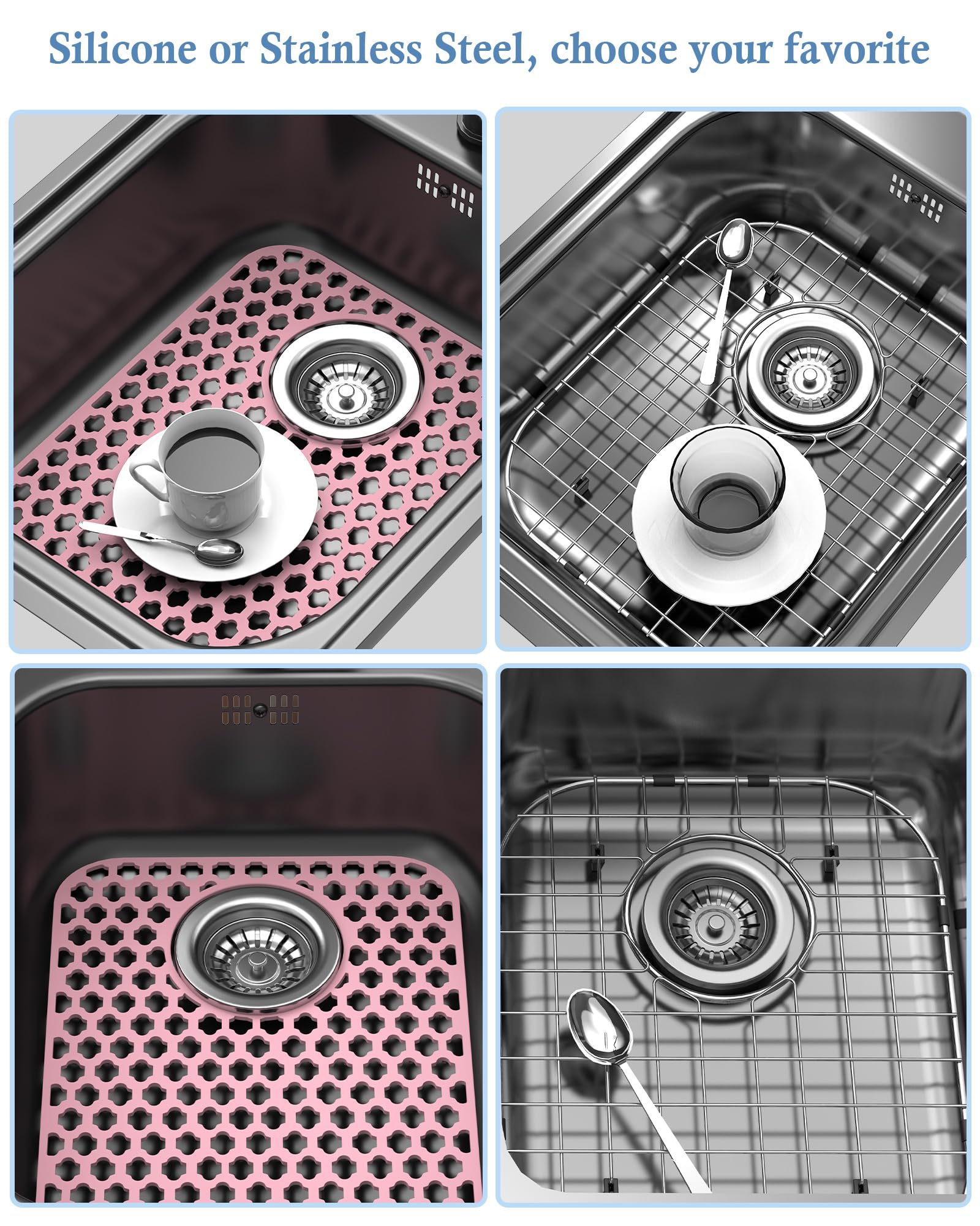 Paquete de 2 protectores de silicona para fregadero de cocina y baño, tapete de fregadero de 34,5 x 29,5 cm, antideslizante y duradero, protector de fregadero de silicona, drenaje trasero, color
