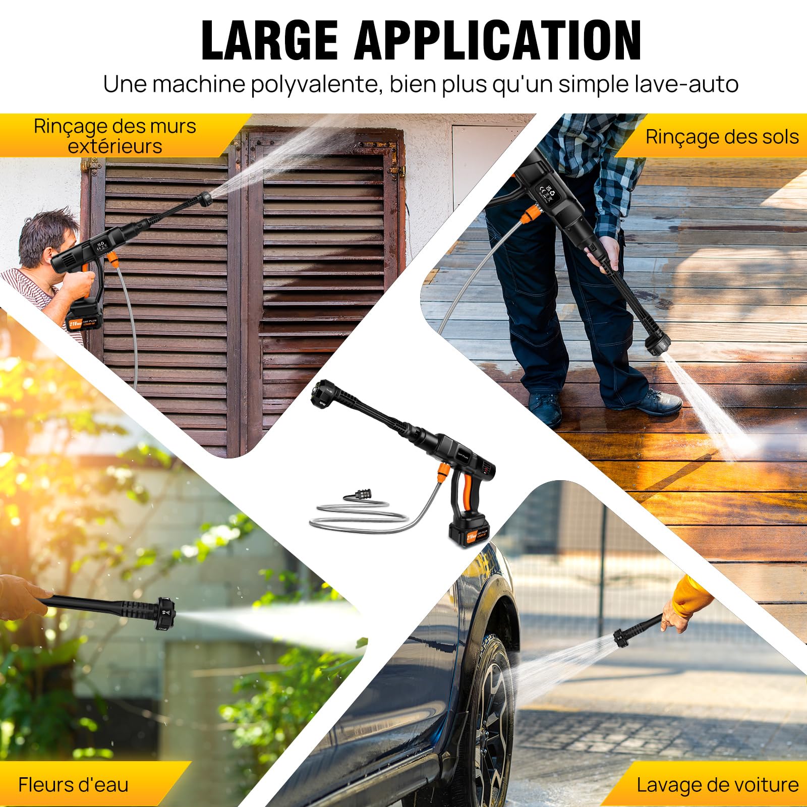 Nettoyeur Haute Pression Sans Fil 6000mAh, 21V 45 Bar/652 PSI Pistolet à Eau Haute Pression Portable avec Générateur de Mousse, Buse Multi-pulvérisation 6en1,Outil de Nettoyage de Voiture en Plein Air