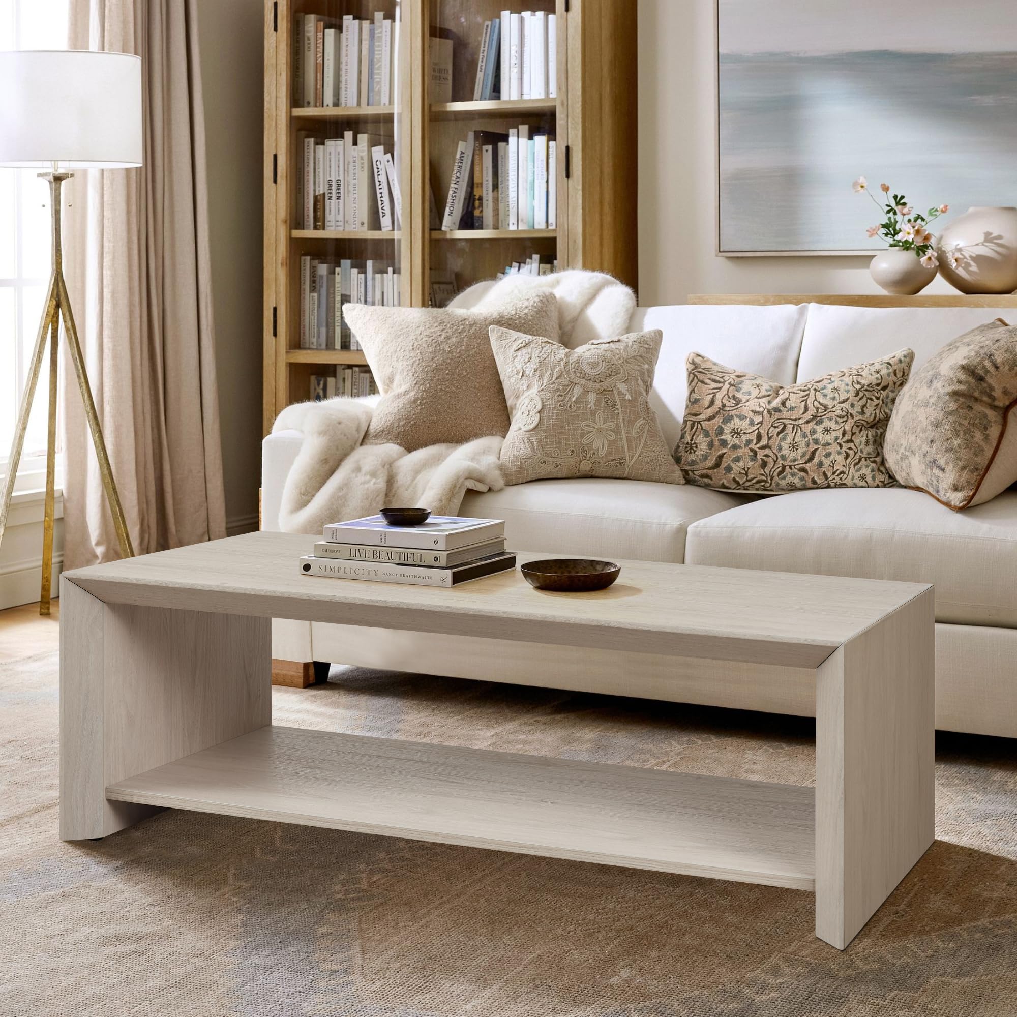 47" Coffee Table with Shelf - Modern Minimalism Center Table with Wood Grain Finish, Storage for Living Room, MDF Construction, Easy Assembly, Holds Up to 250 lbs