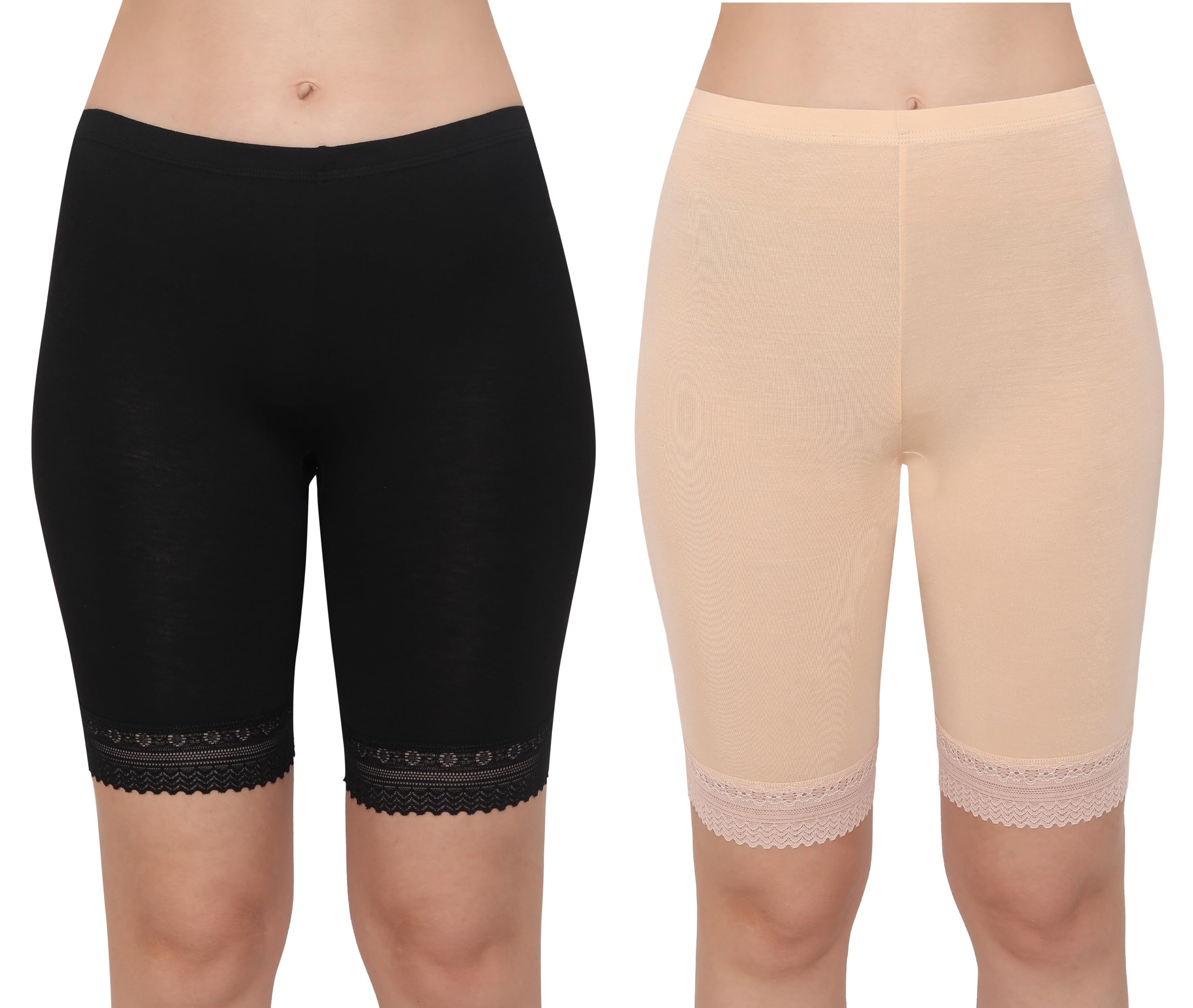 Cotton Spandex High Waist Under Skirt Shorts with Lace for Women & Girls Under Dress Shorts High Waist Stretchable Skin Fit Tights Cycling Shorts Biker Bicycle Shorts