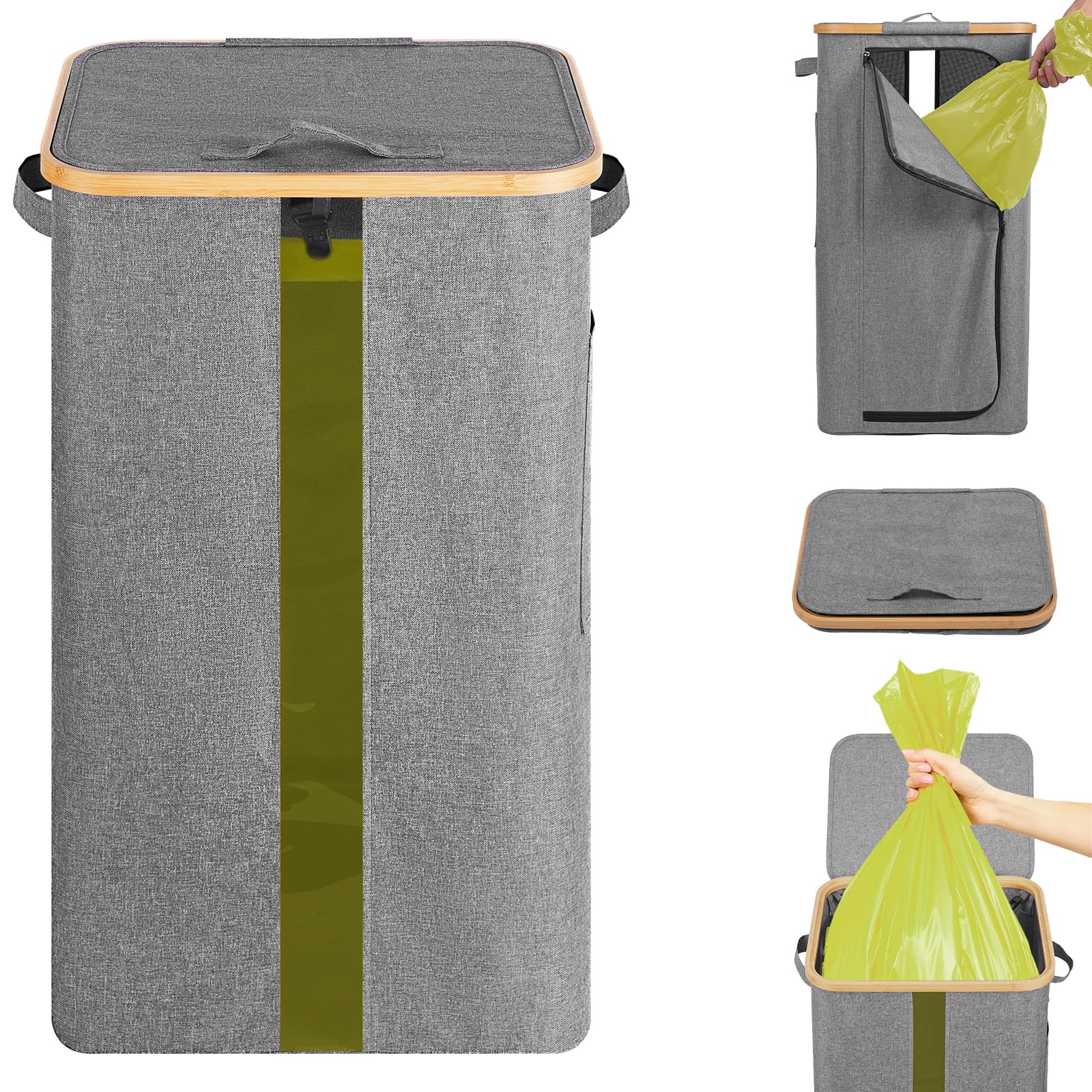 OUSFOT Gelber Sack Ständer 100L, Gelber Sack Mülleimer Integrierte 4 Clips Doppelgriffe Reißverschlussdesign auf der Rückseite Grau, für Wohnzimmer, Küche 【Keine Innentasche】
