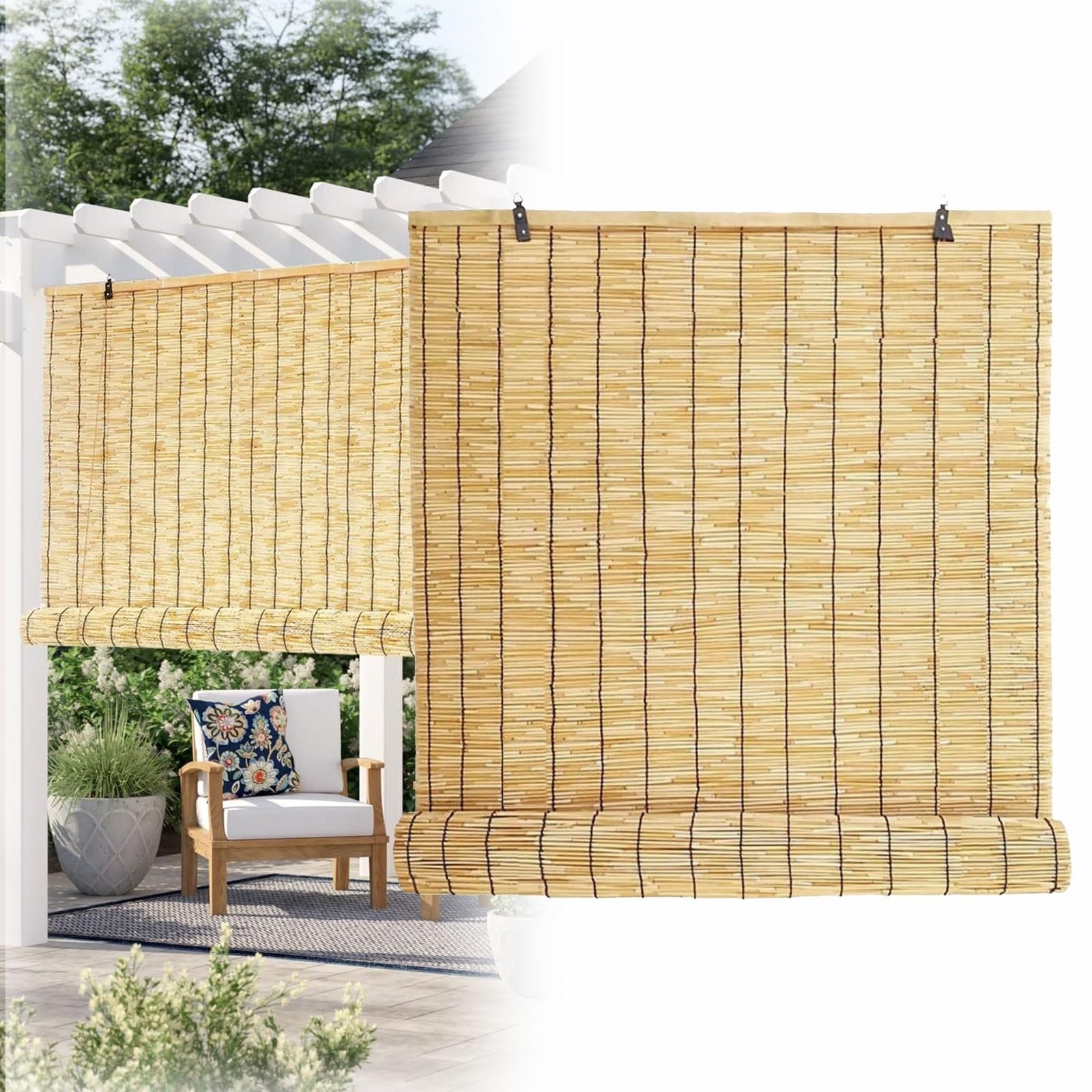 Custom Size - Retro Reed Roll Up Shades Light Filtering Bamboo Blinds for Window Privacy protection Cordless Waterproof for Porch & Garden