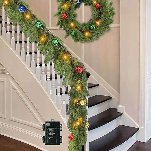 Ceenna 2 guirnaldas de cedro de Navidad preiluminadas de 12.4 pies con 20 luces LED, guirnalda de pino artificial verde para Navidad con bola, 8
