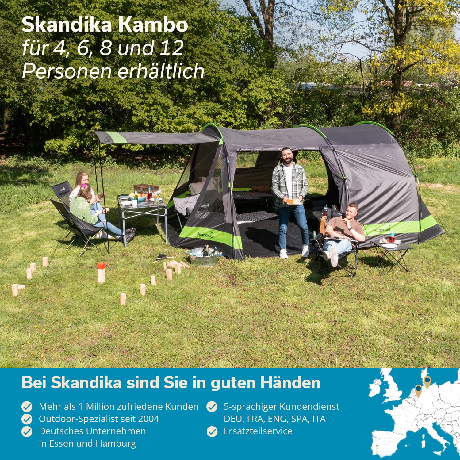 Skandika Kambo namiot tunelowy dla 6 osób, namiot rodzinny XL, na kemping, wysokość 2 m, ciemna kabina sypialna, wodoszczelny, słup wody 3000 mm, dach przeciwsłoneczny, duży namiot kempingowy, namiot