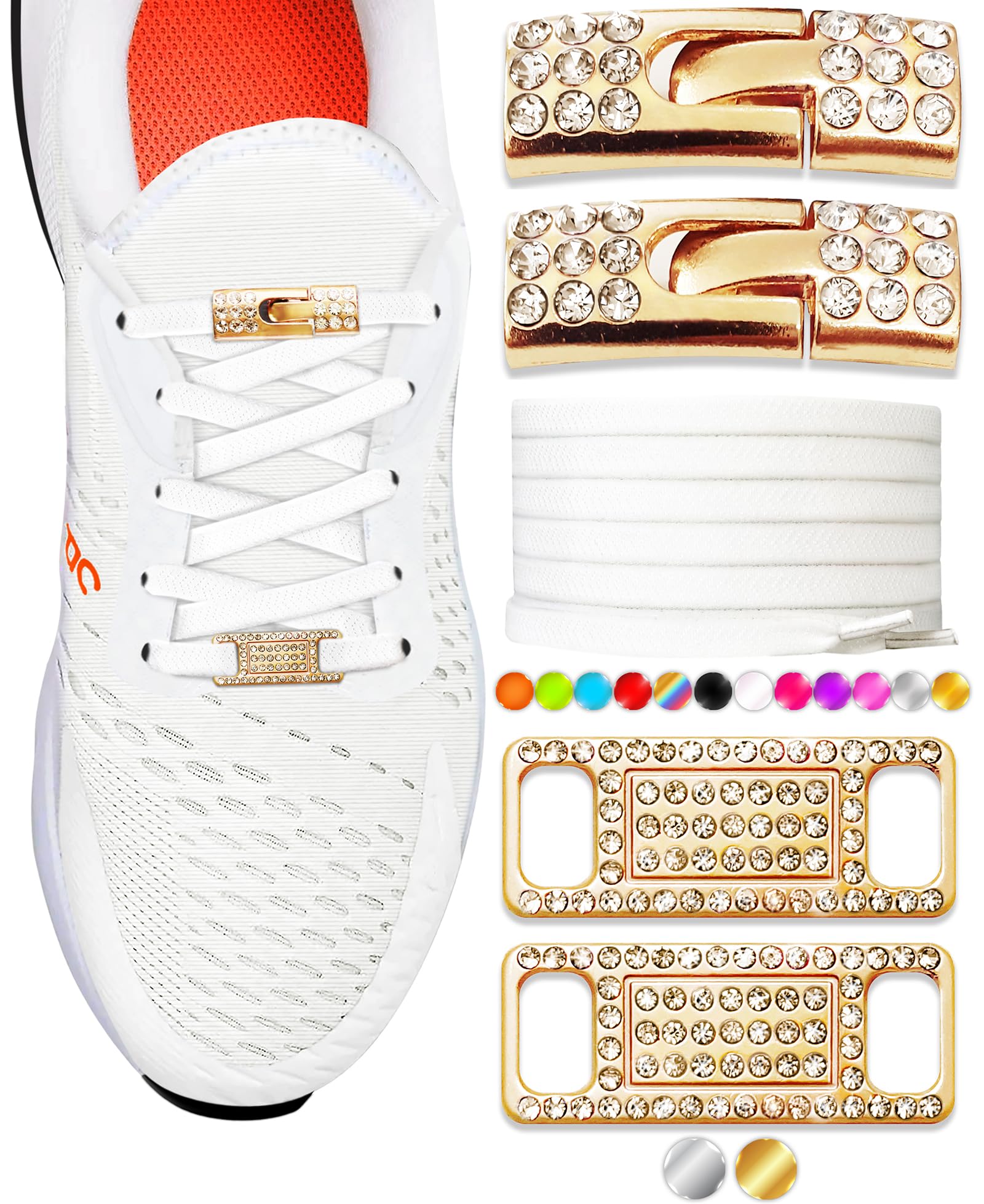 TOPPING STYLE Elastic No Tie Shoe Laces with Bling Diamond Locks & Charms for Women's Sneakers