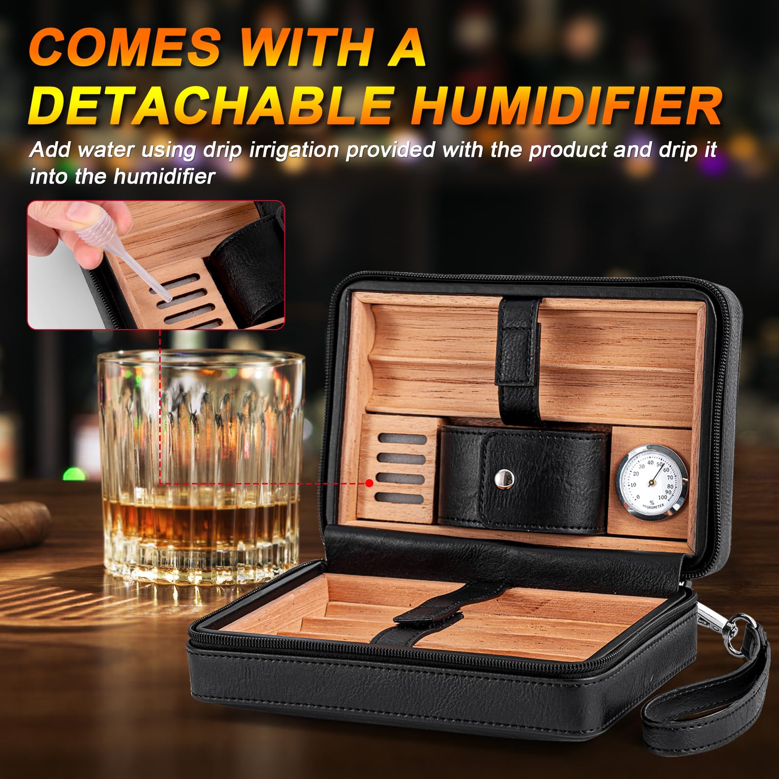Humidor aus Zedernholz, Kapazität: 6 Stück, tragbarer Reise-Humidorkoffer mit Luftbefeuchter (schwarz)