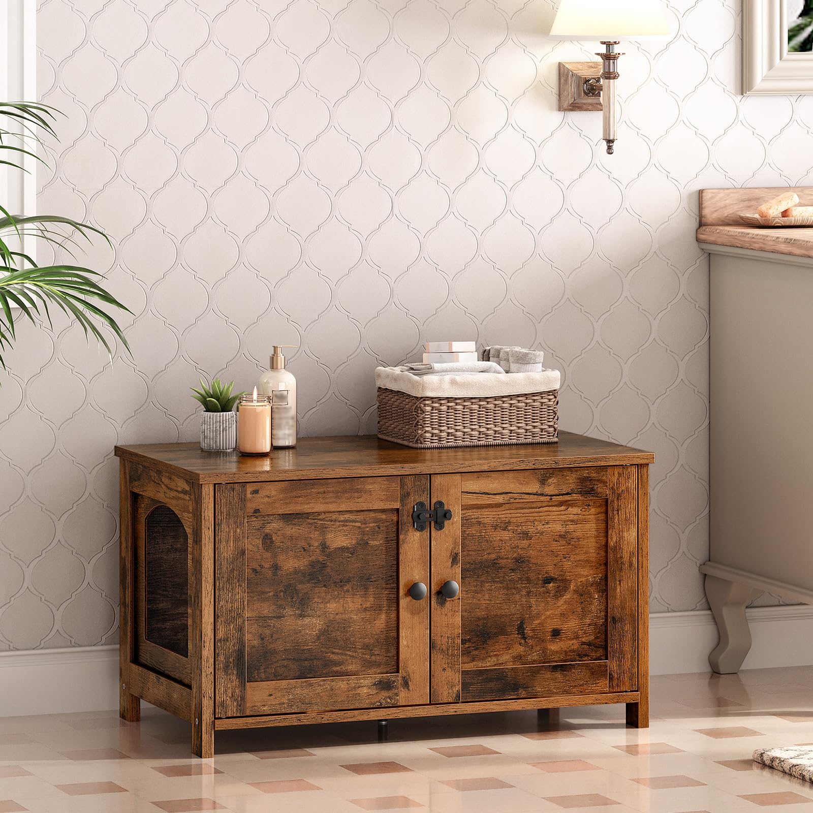 HOOBRO Casa para Gatos, Baño para Gatos con Dos Puertas y Estante Ajustable, Cajón de Arena, Amplia Entrada, Resistente Construcción, para Sala de Estar, Dormitorio, Entrada, Vintage EBF03MW01G1