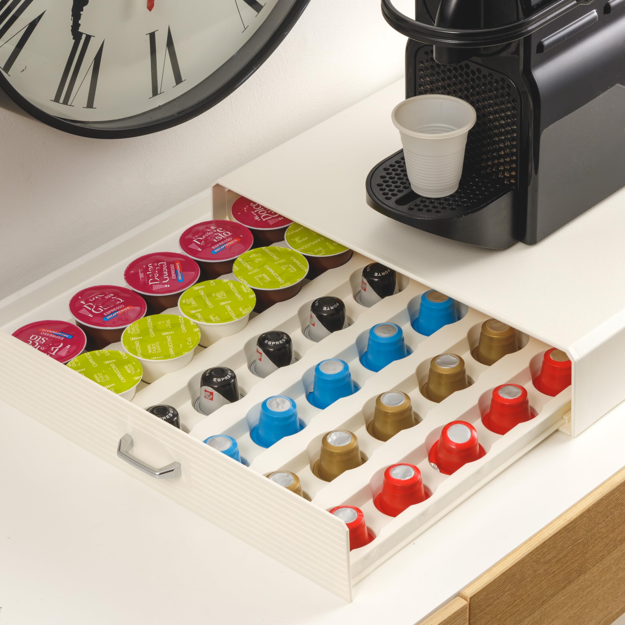 Baroni Home Cassetto porta cialde caffè, Organizer Porta Capsule Universale, capacità 30 capsule, Design Compatto in Plastica Resistente, 1 Cassetto, 34X6X34 cm, Bianco