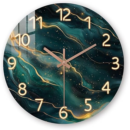 Reloj de pared verde azulado para sala de estar de 12 pulgadas, reloj de pared de mármol a pilas, cuarzo redondo, dorado, silencioso, sin tictac,
