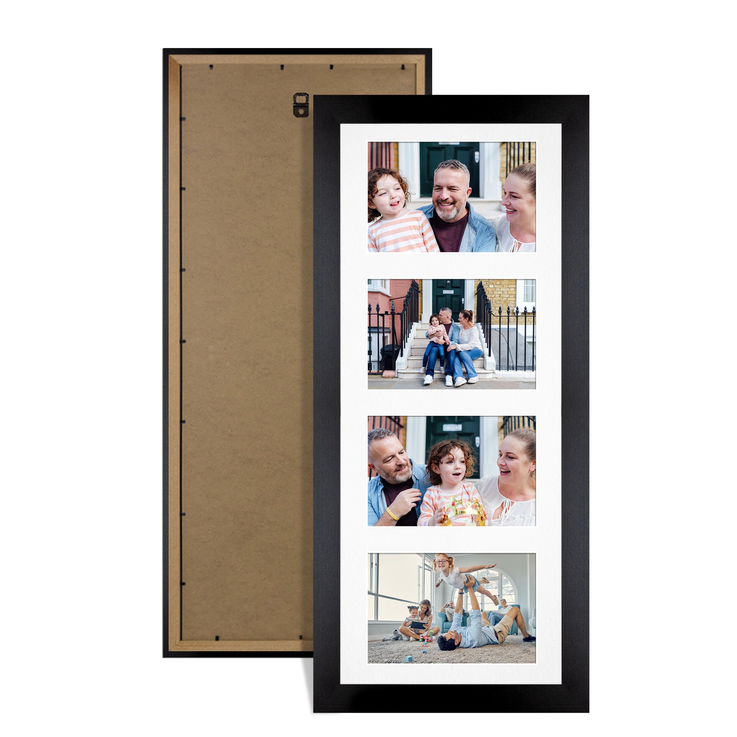 Alison Kingsgate Matte Black 50x20cm Photo frames for multiple pictures -4 Apertures Collage Frame with White Mount - Holds (4x) 6x4 Photos - Engineered Wood & Perspex