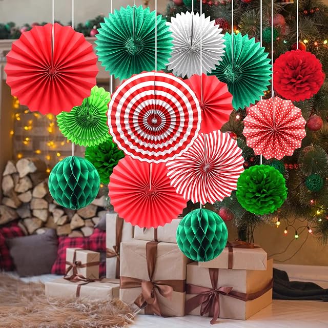Paper Christmas Decorations, Christmas Tissue Paper Hanging Paper Fans Honeycomb Balls Pom Poms Flower Christmas Ceiling Decorations Hanging Decoration for Xmas Winter Home Ceiling Wall Decor