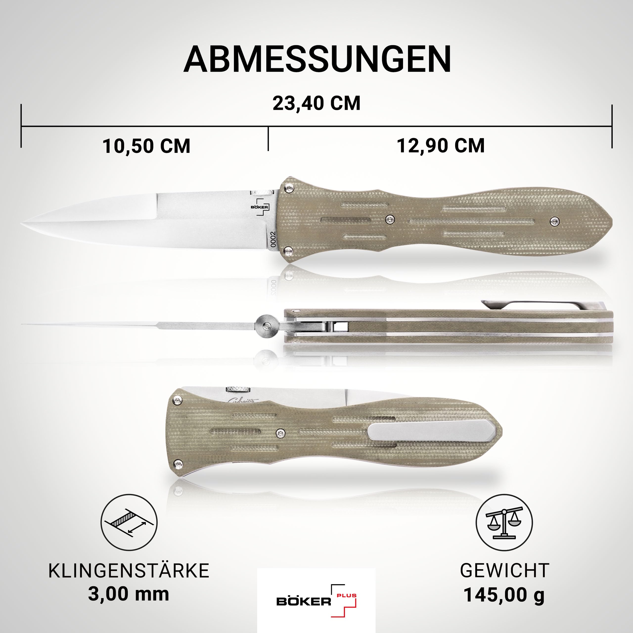 BÖKER PLUS® Atropos - Profi Einhand Taschenmesser mit VG-10 Stahl Dolch Klinge - taktisches Klappmesser - Tactical Linerlock Dagger Knife - 1 Hand Messer mit Micarta Griff - Einsatzmesser mit Clip