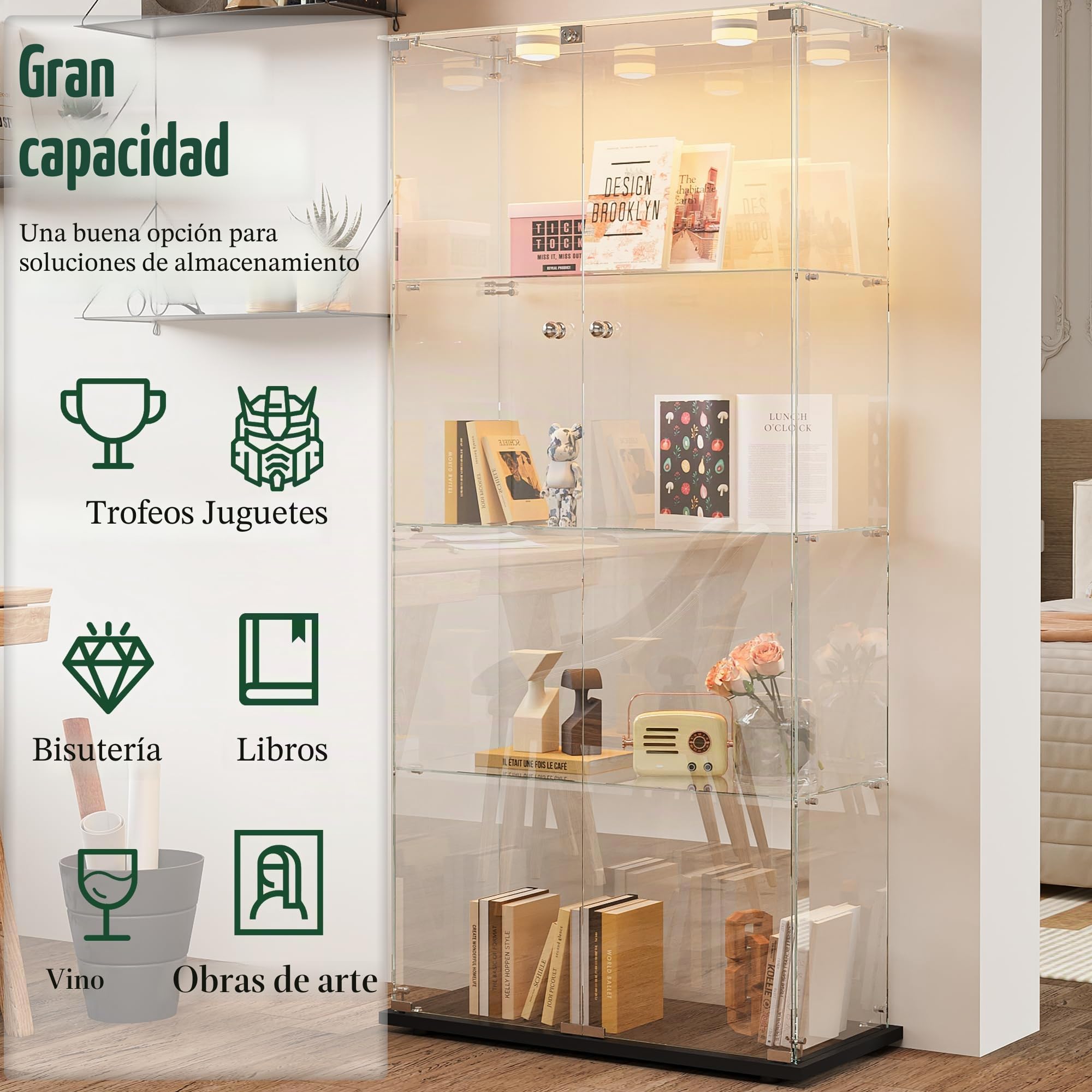 Vitrina de Vidrio de 4 Capas con luz LED y 2 Puertas, Vitrina de Vidrio Templado con Cerradura, vitrinas de colección Independiente, estantería para Sala de Estar (Negro, 4 Capas 2 Puertas-A)