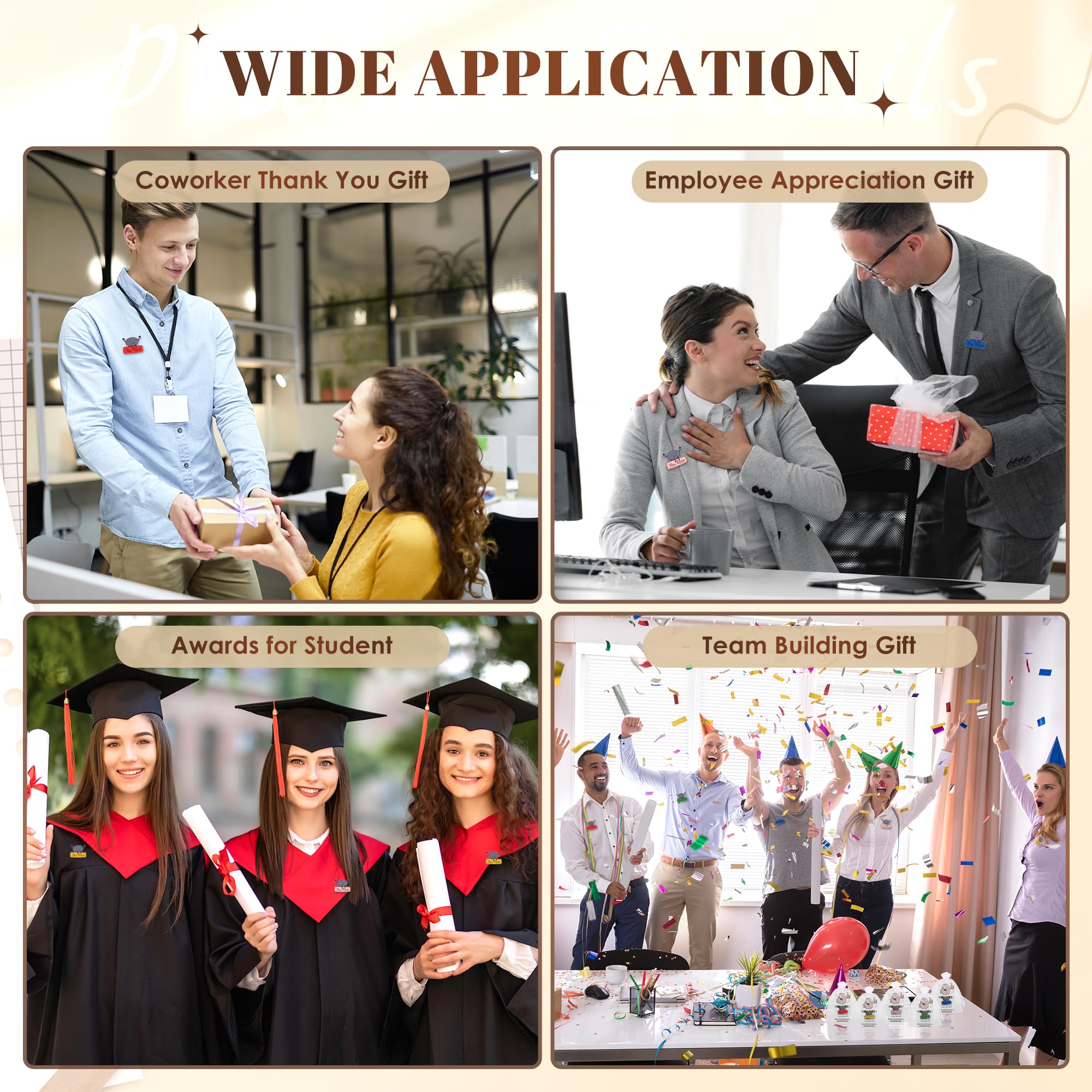 SINCCO Set di 25/50/100 set di regali di apprezzamento per dipendenti, divertenti spille smaltate per dipendenti del mese con biglietti di ringraziamento, piccole spille da bavero ispiratrici per