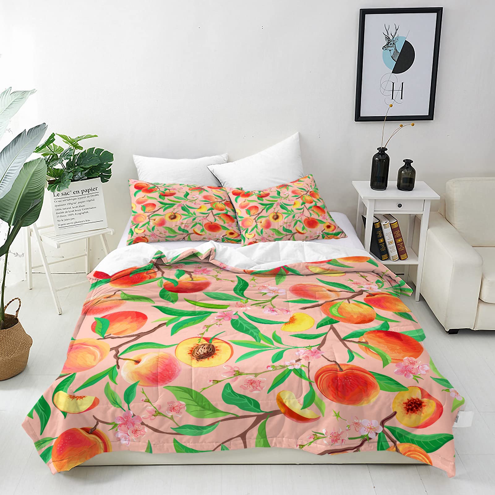 ANHOPE Peach Duvet Cover Set Soft Comforter Cover Tropical Fruit Leaves Print Pattern 3 Piece Bedding Set with Pillowcase All Season Quilt Cover with Zipper for Kids Adults Super King Size — image 1