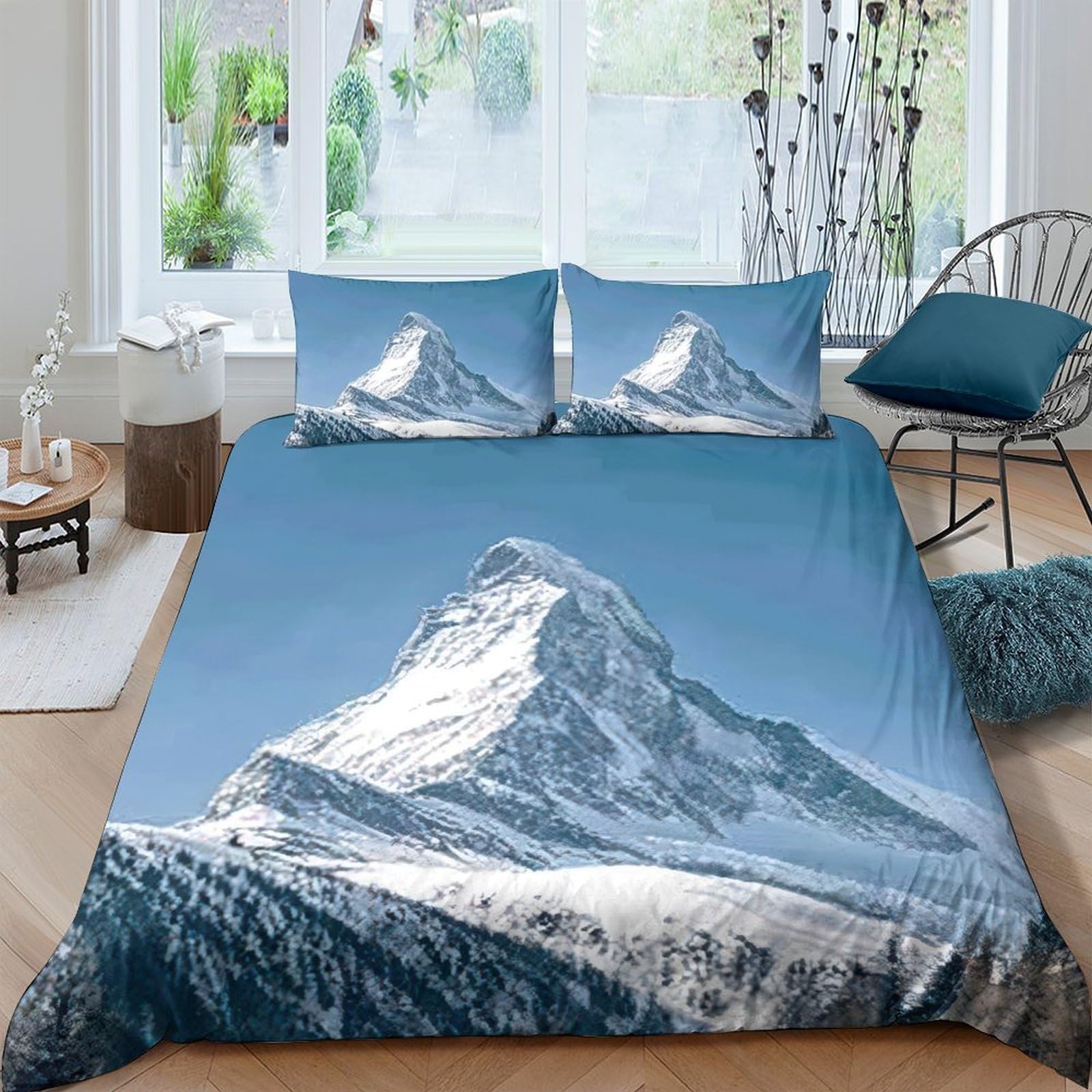 Ctjqhvkz Style-10 3D Printed Snow Mountain Fitted Sheet Microfiber Soft Blue Alpine Landscape Mattress Cover For Bedroom Guest Room Decor Single（135X200cm）