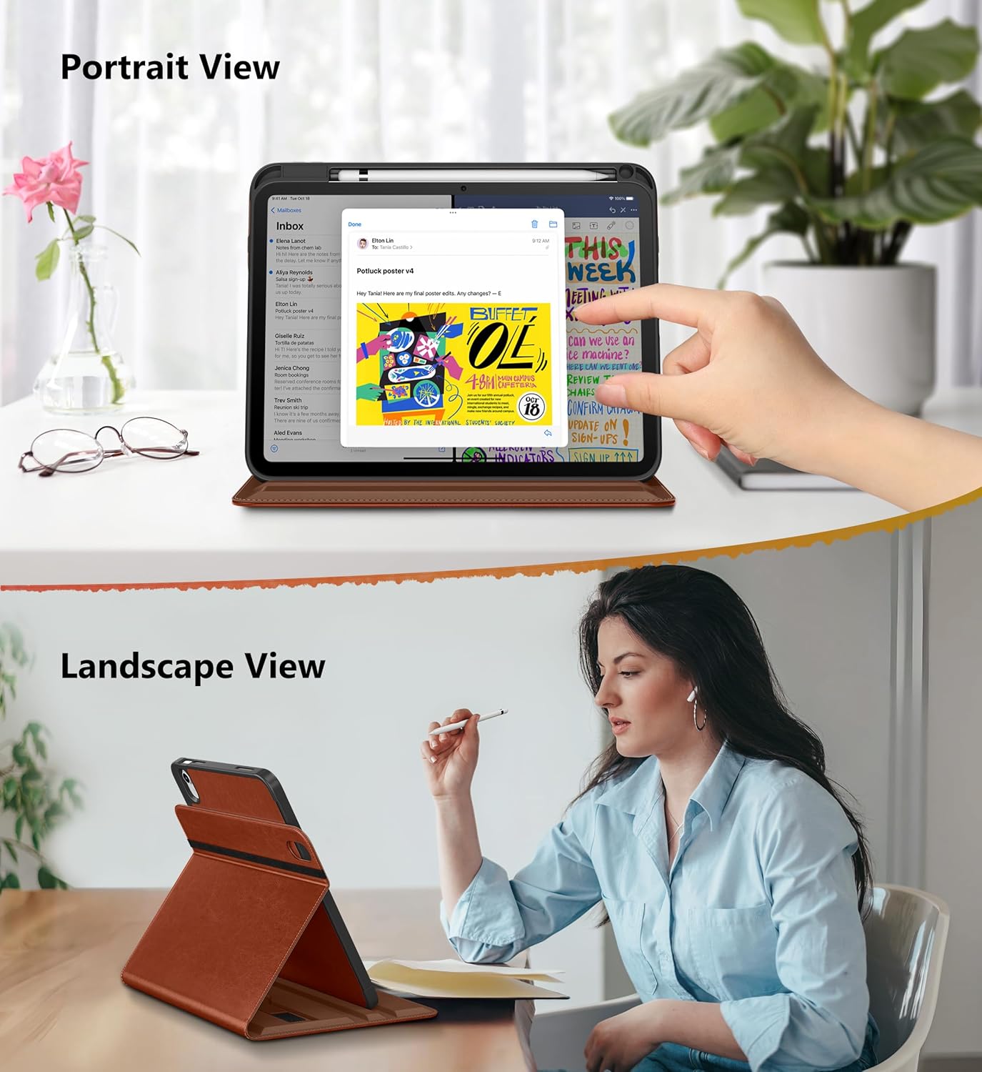 DTTO for iPad A16 Case, iPad 11th / 10th Generation Case (2025/2022), 360 Degree Rotating Premium Leather Folio Stand Cover with Pencil Holder, Brown - Image 3