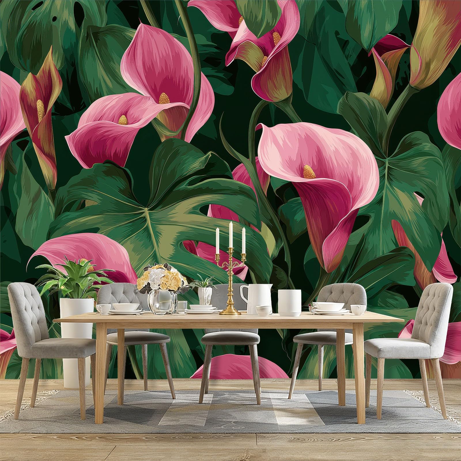 Fototapeta naturalna tropikalna Calla Liście Fotograficzne Mural Sypialnia Pokój dziecięcy, 400 x 280 cm Fototapeta artystyczna, zielona różowa