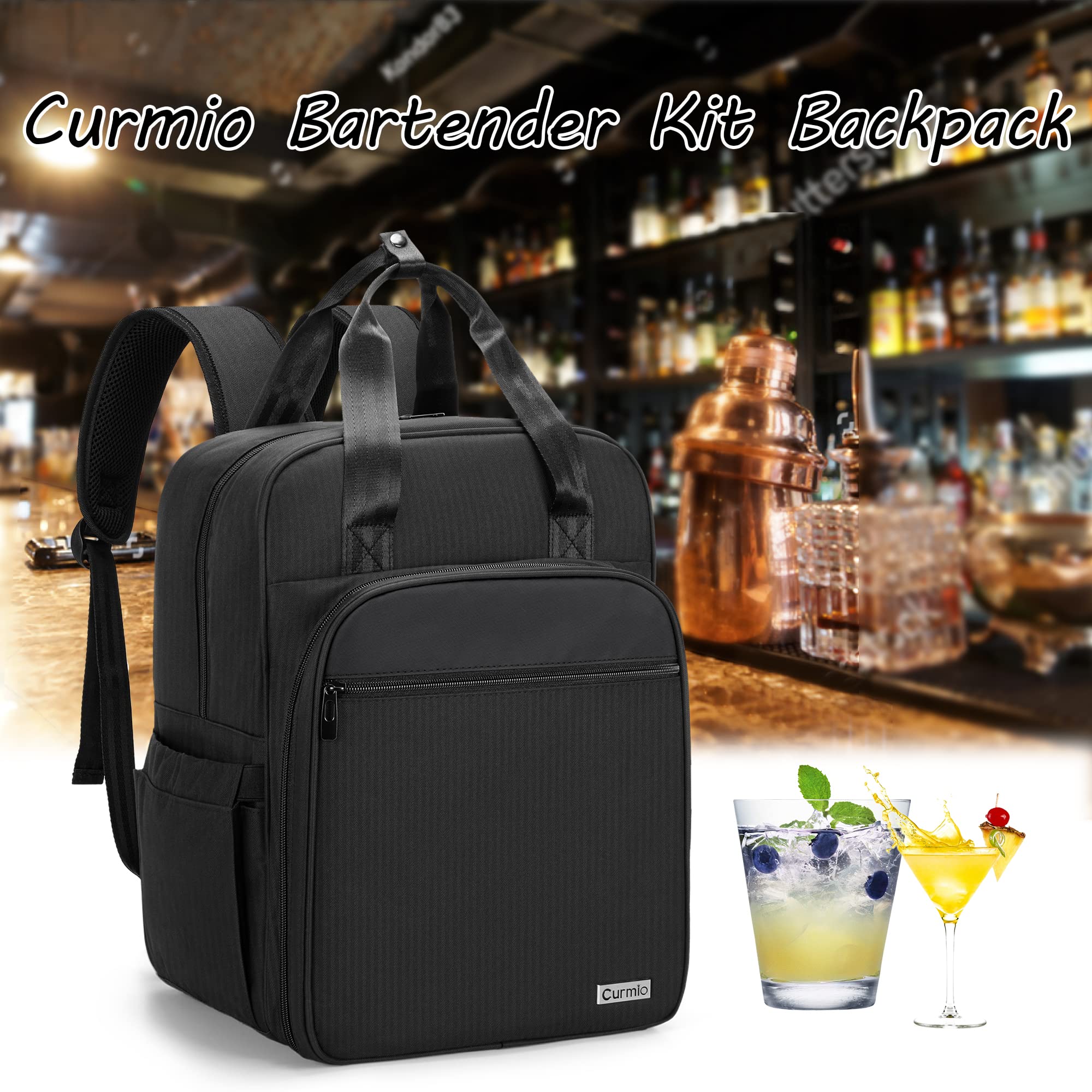 CURMIO Borsa da barman Borsa da viaggio Kit da barman Zaino con scomparti imbottiti, Borsa da trasporto portatile per set di attrezzi da bar, perfetta per feste all'aperto in casa, SOLO borsa, Nero