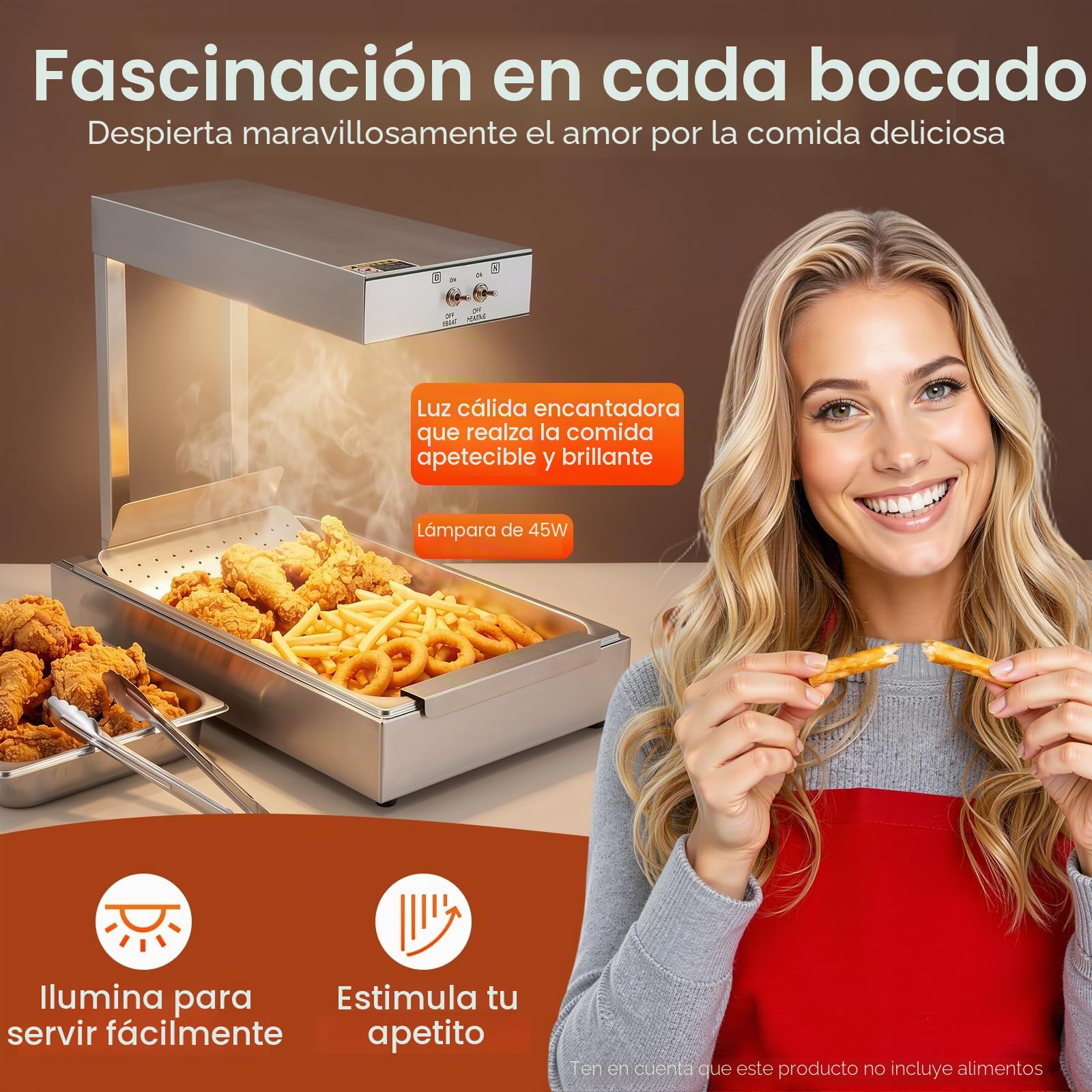 Lámpara de Calor para Patatas Fritas, estación de Calor para Patatas Fritas, Calentador de Alimentos comerciales, Calentador de Alimentos eléctrico de Acero Inoxidable, Vitrina Caliente hosteleria