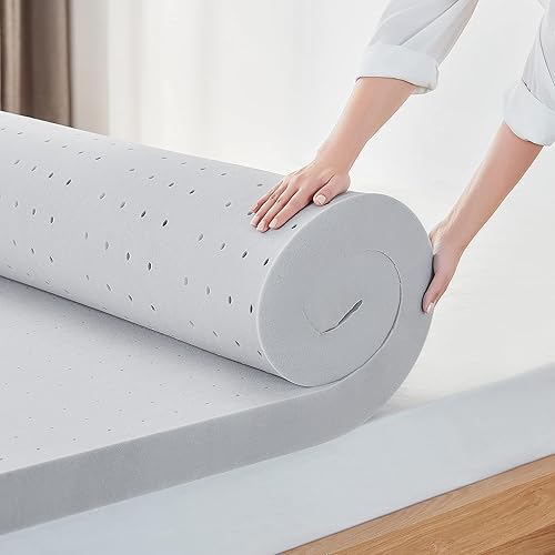 LINSY LIVING Cubrecolchón Queen de espuma viscoelástica con infusión de carbón de bambú de 3 pulgadas, cubrecolchón de cama tamaño Queen con diseño