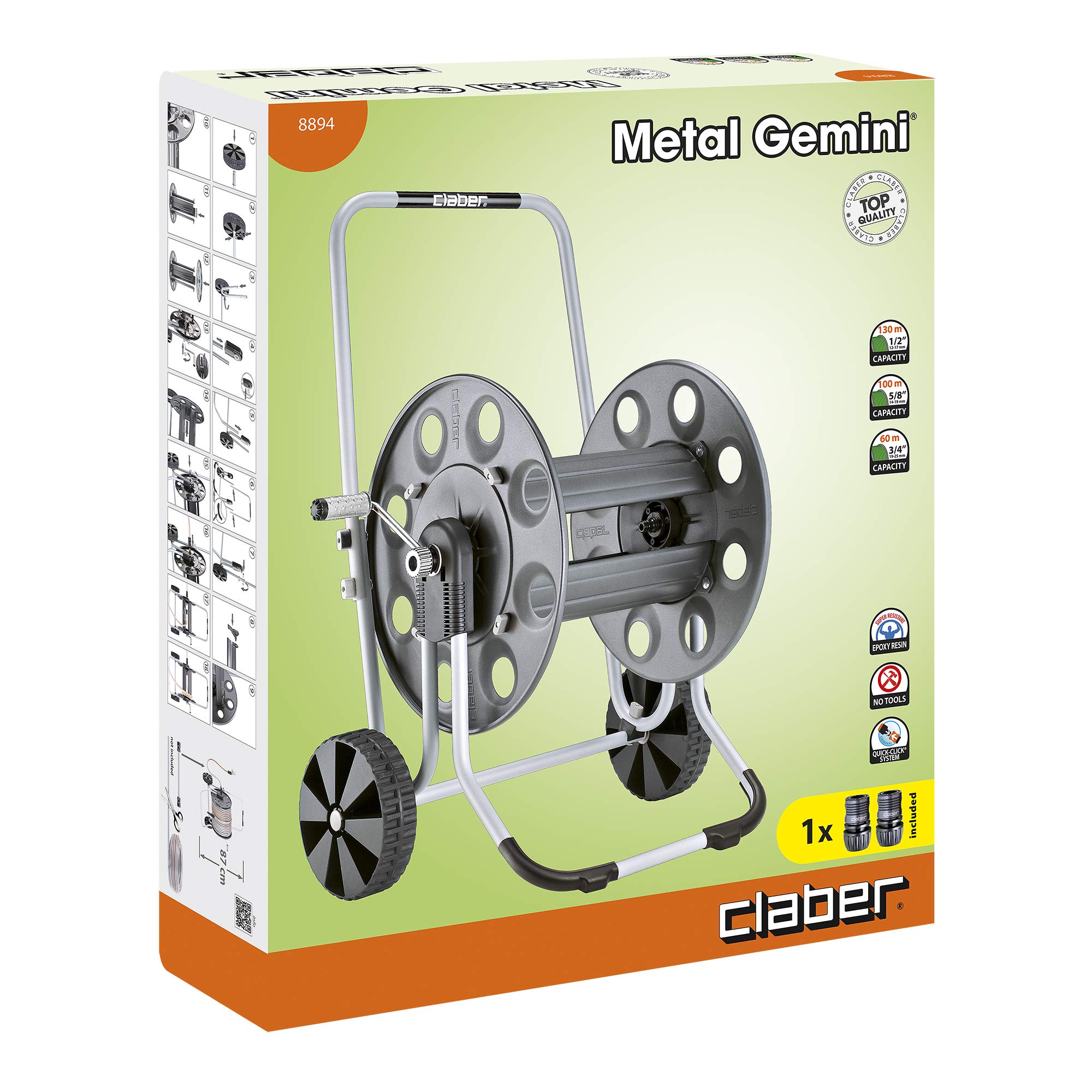 Claber 8894 Carrello Avvolgitubo Metallo, Nero & Giunzione 2 INNESTI Maschi 8613