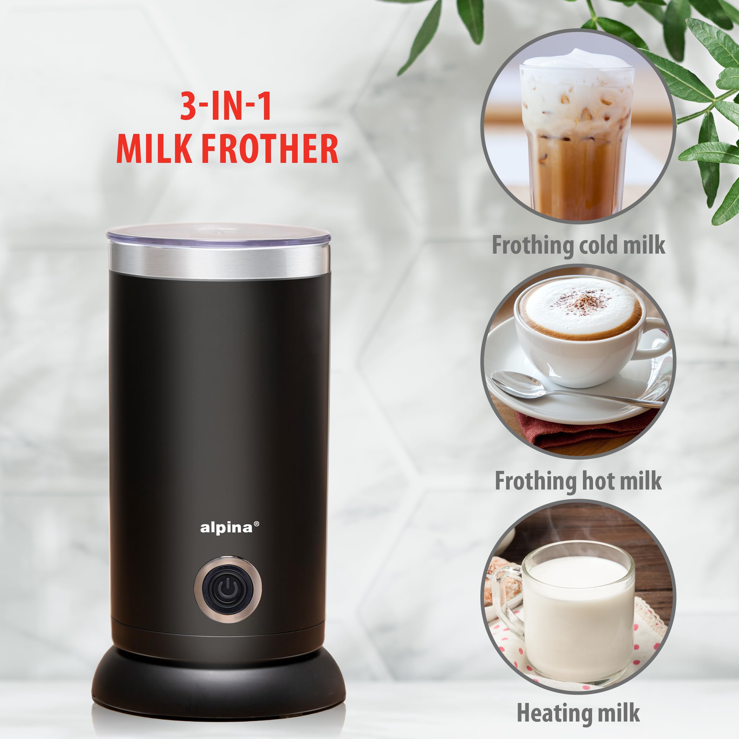 alpina Montalatte Elettrico - Cappuccinatore 230V/450W - Scaldalatte Elettrico 3 in 1-300 ML - Schiumalatte Elettrico Montalatte - Scalda Monta Latte a 65°C - Strato Antiagglomerante - Nero