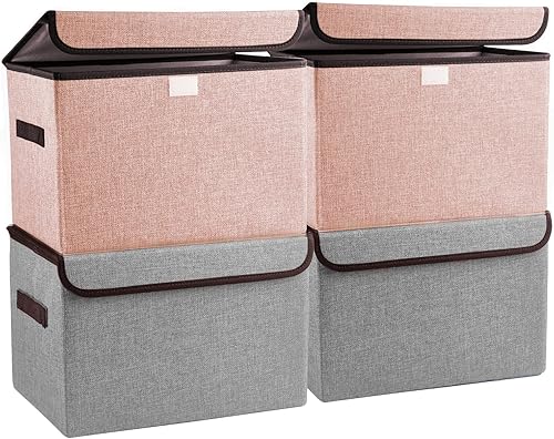 Bagnizer Cesta organizadora plegable de tela de lino con tapa abatible y asas, caja grande para manta de ropa para el hogar, oficina, armario, gris