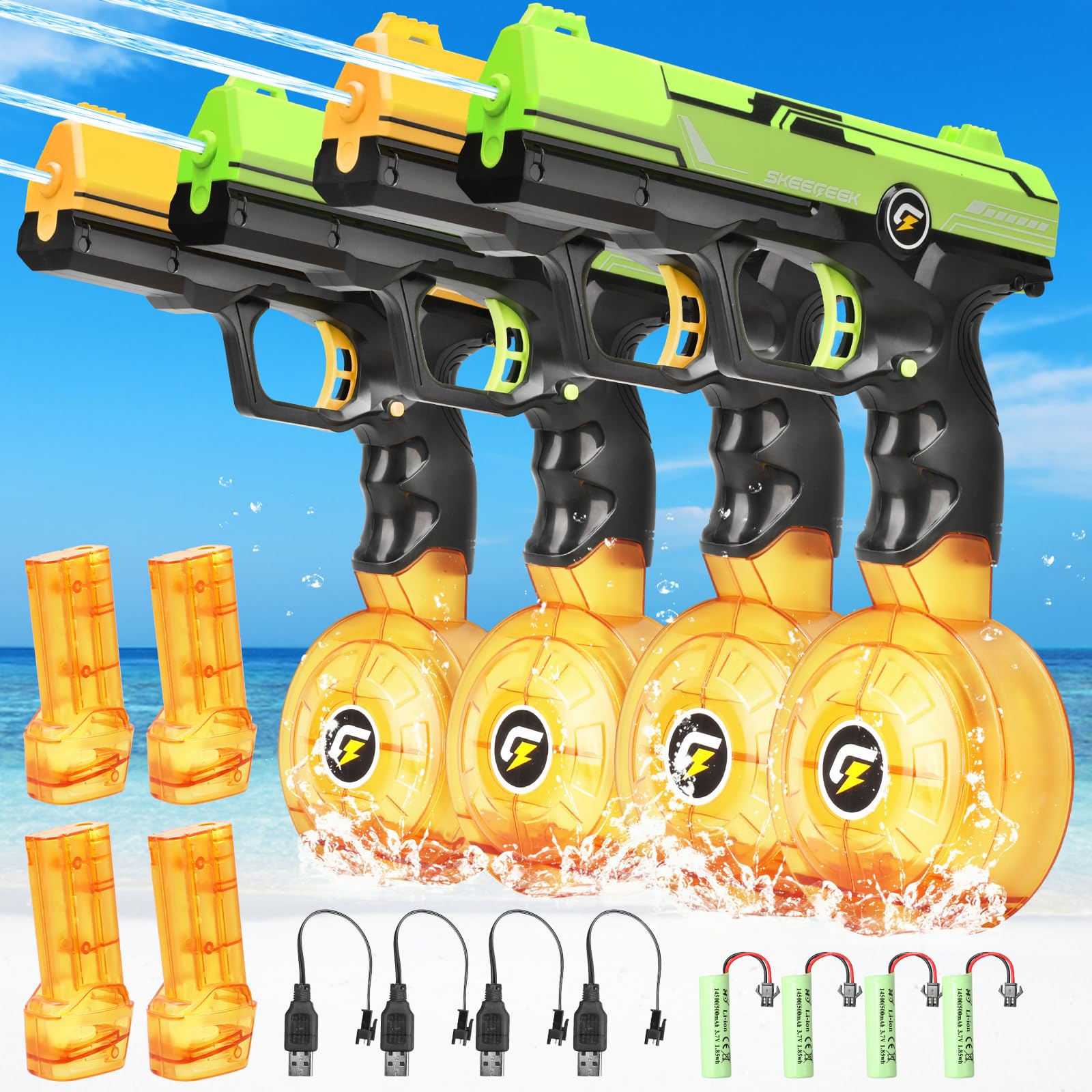 VATOS Electric Water Blaster Squirt Pistol Toy - 4 Pack Rechargeable Automatic Water Pistols with 450CC+58CC Large Capacity | 32 FT Squirt Toys Summer Beach Pool Outdoor Toys for Kids Adults