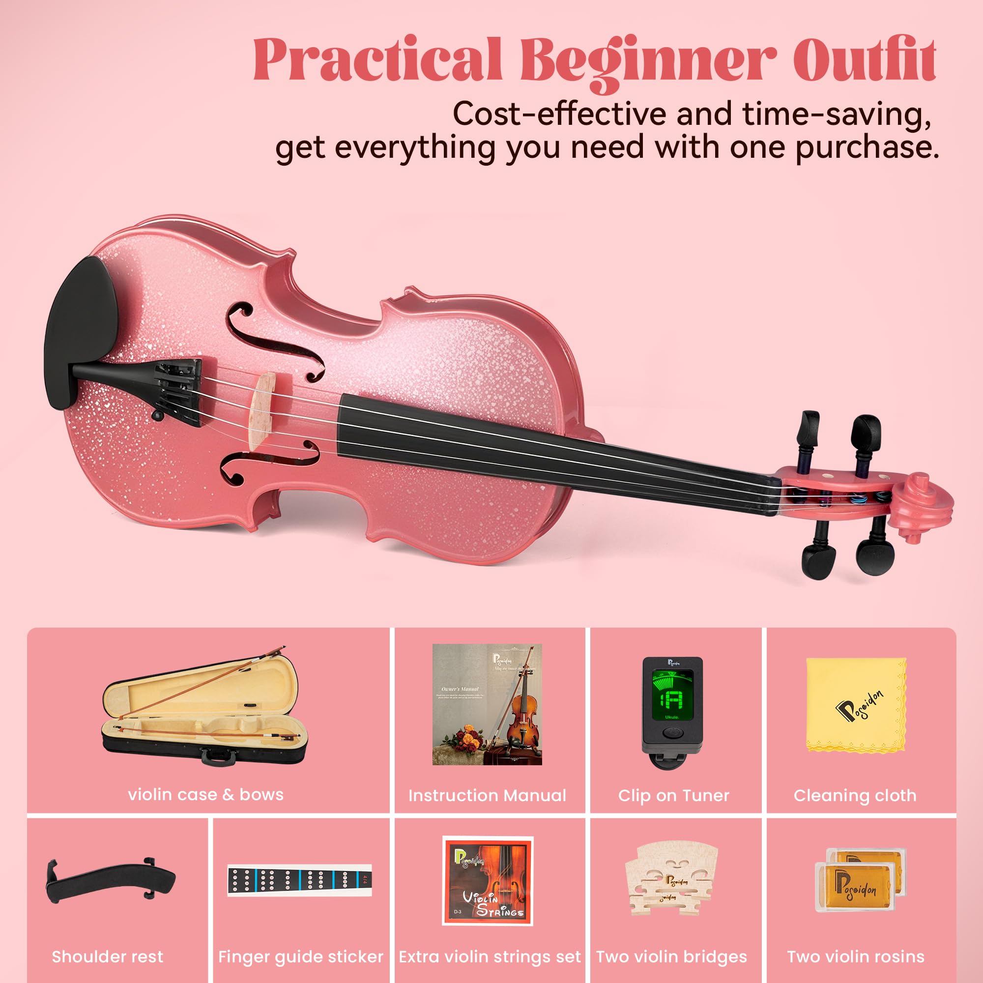 Poseidon Set di violino rosa 1/2, violino per bambini, violino per ragazze con top in abete massello di alta qualità con custodia rigida, archetti extra, corde extra, spalliera, colofonia, accordatore