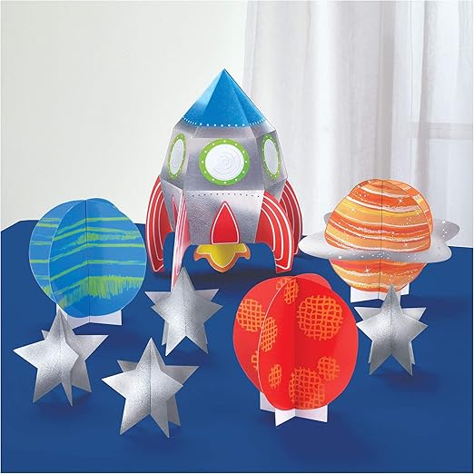 Amscan Blast Off Birthday Table Centerpiece Decorating Kit (8-Pc Set) - Rocket-Themed Party Decor, Ideal for Kids' Space Adventure Celebrations