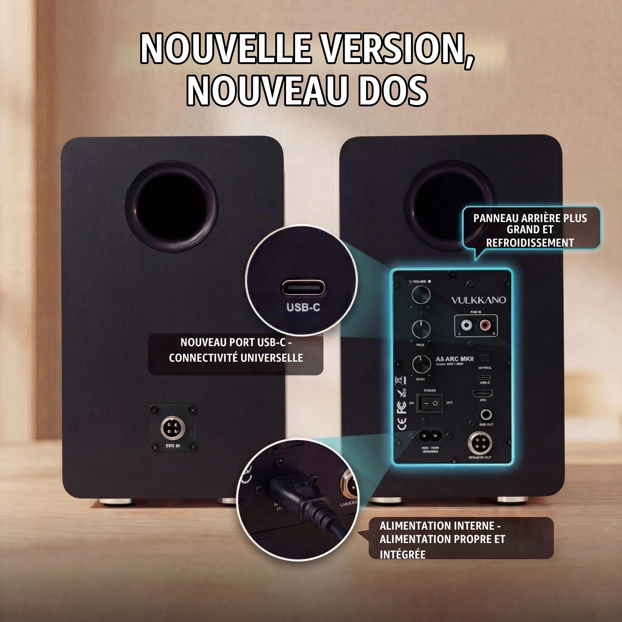 VULKKANO A5 Arc MKII Enceintes Amplifiées avec Haut-Parleur de Graves de 5,25 Pouces, Bluetooth 5.0, HDMI Arc, Sortie Optique, RCA, USB, Sortie subwoofer, Enceintes pour téléviseur, Noir.