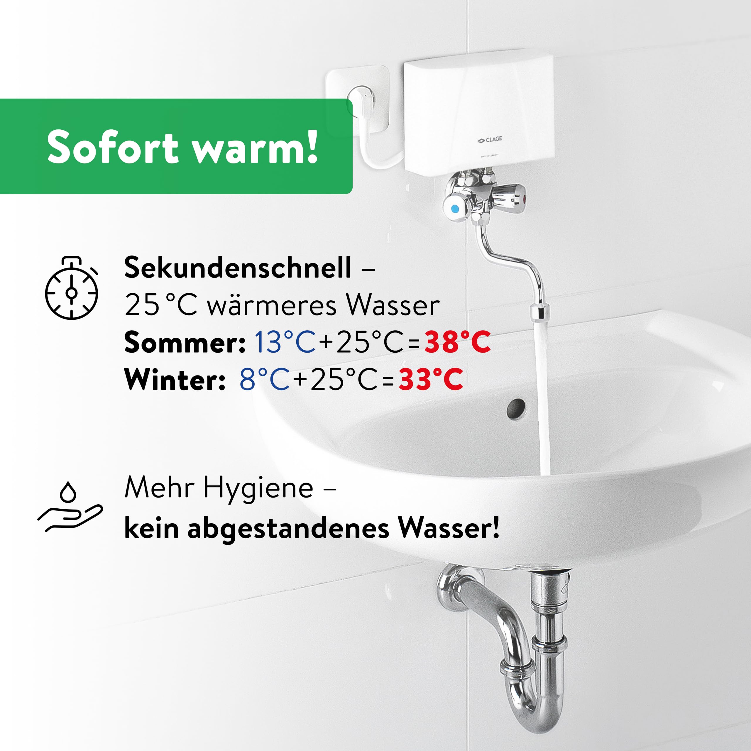 CLAGE M3/SMB hydraulischer Klein-Durchlauferhitzer im Set mit Zweigriff-Waschtischarmatur, Übertisch, 3,5 kW, mit Stecker, nur für drucklose Armaturen, VDE-GS geprüft, 1500-17103