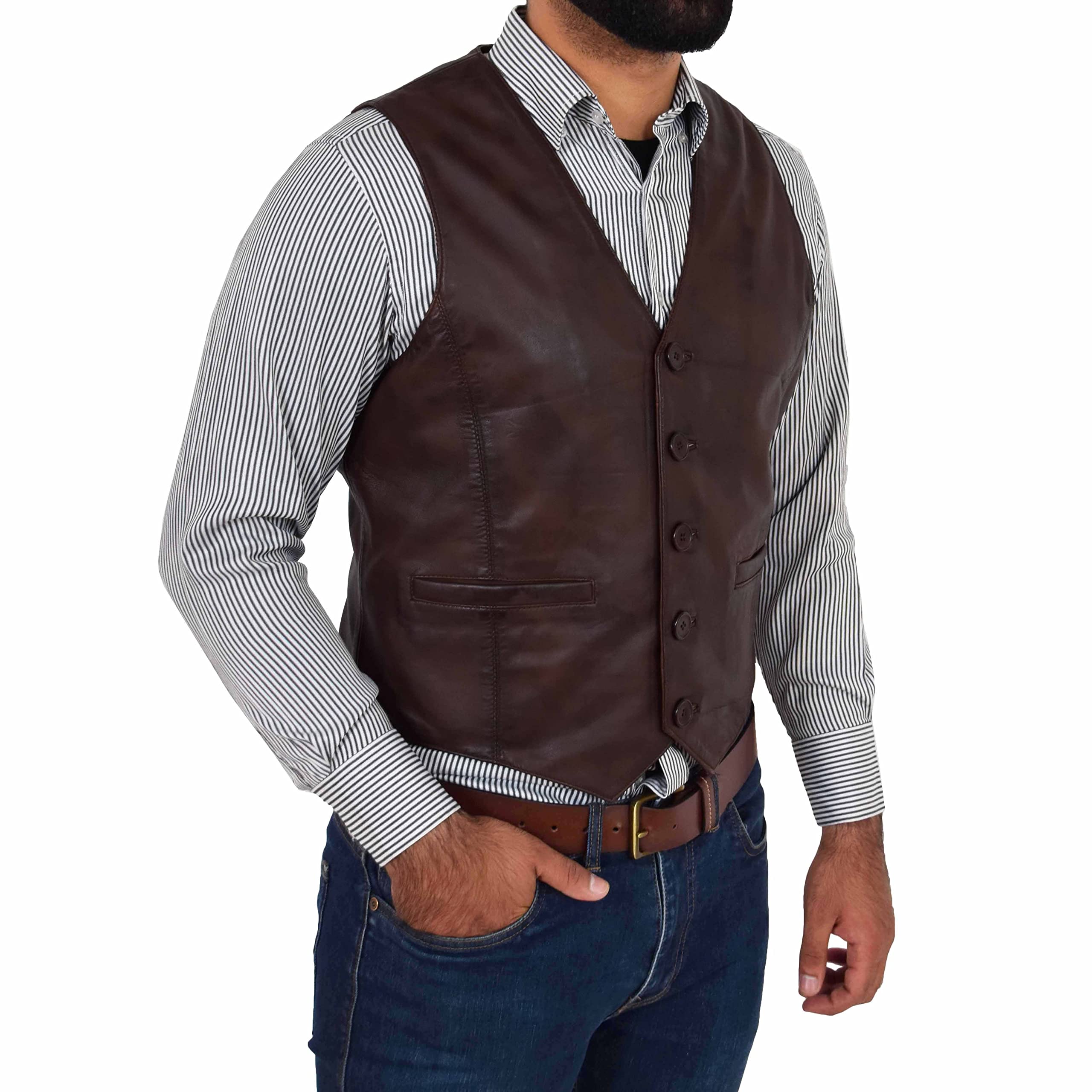 DR135 Gilet classique en cuir pour homme Marron