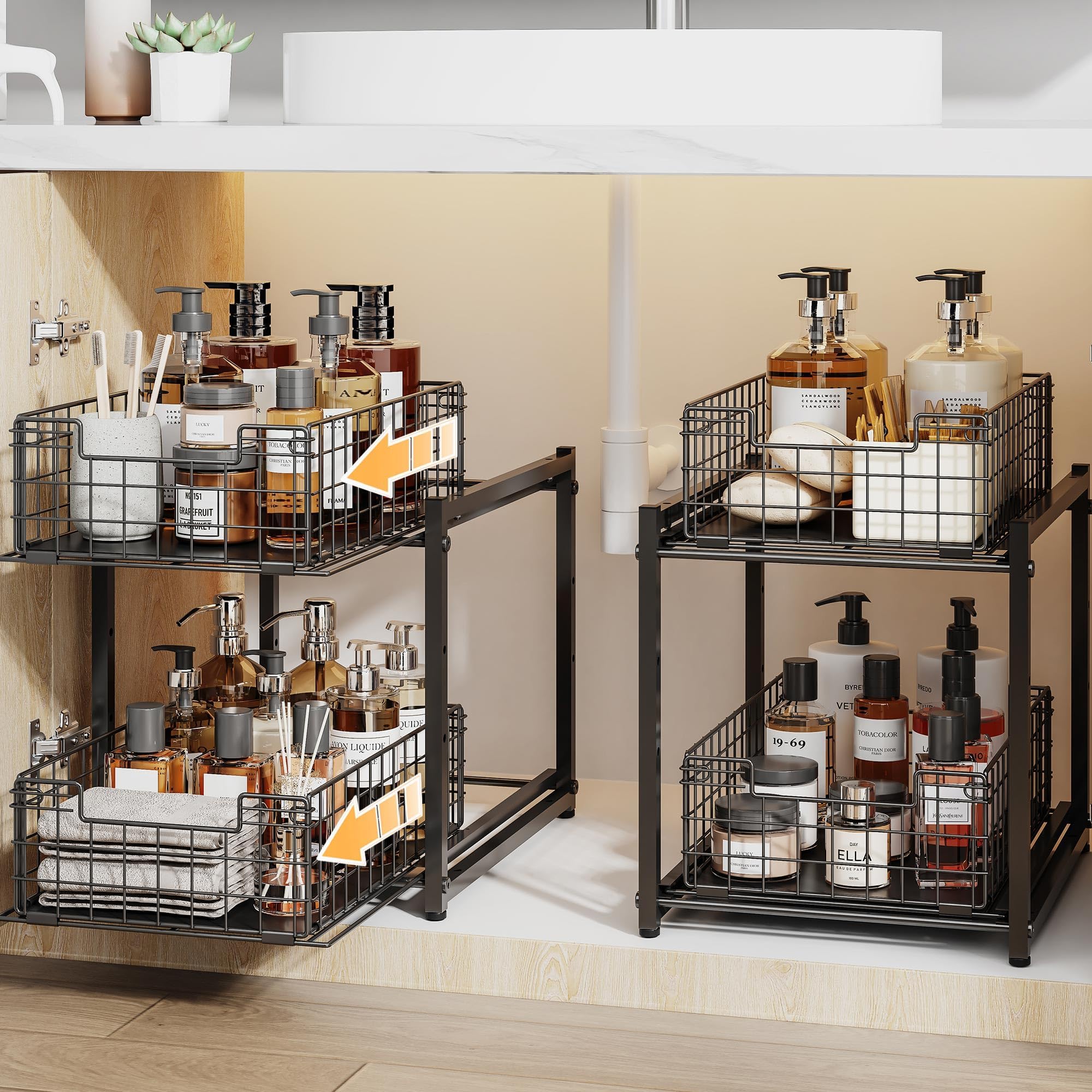 Under Sink Organizer, 2-Tier Pull Out Cabinet Organizer, Kitchen Bathroom Organizer and Storage, Spice Rack for Kitchen, Multi-use Sliding Drawers Shelves, Pack of 2