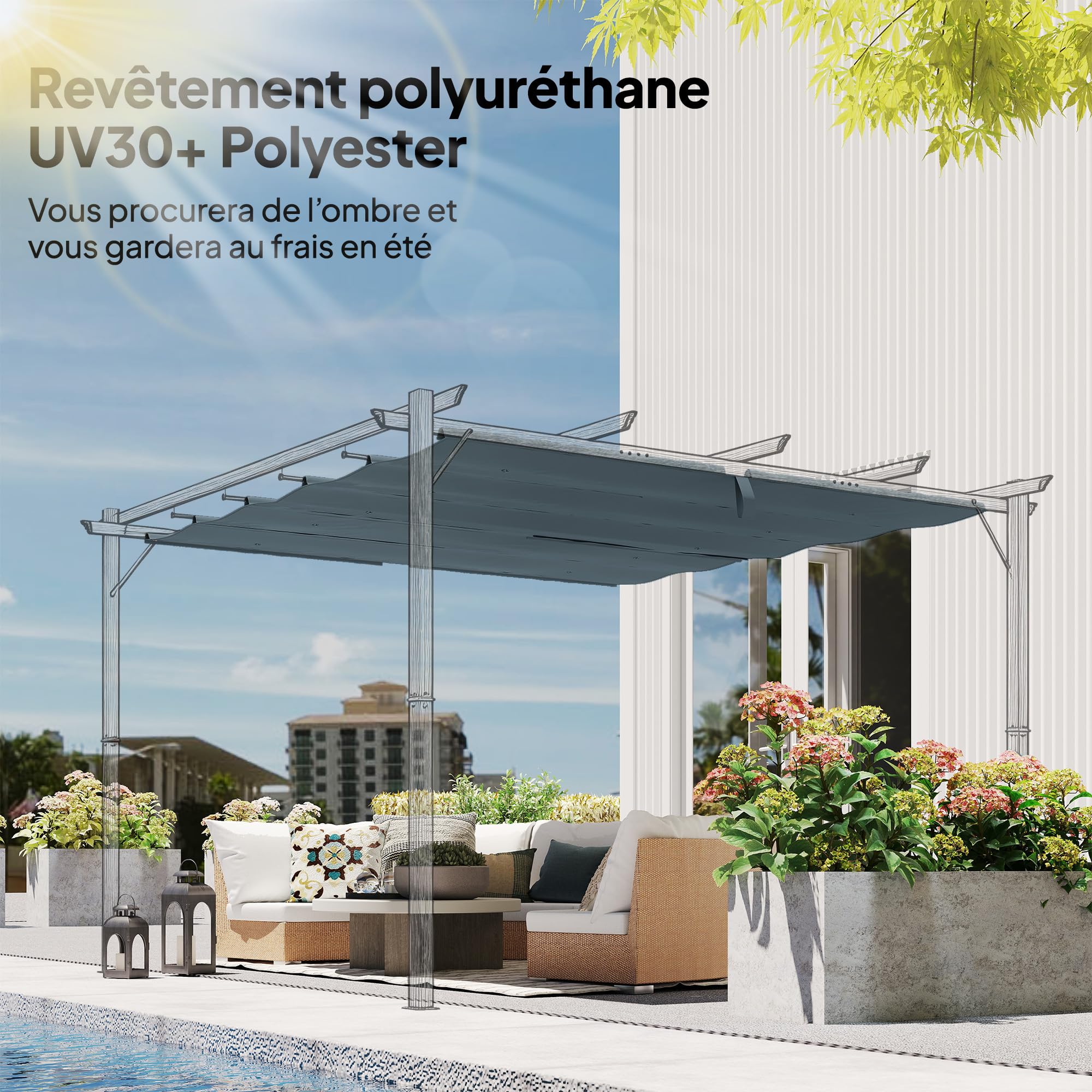 Outsunny Toile de Toit pour pergola Bâche pour Pergola rétractable de 3 x 3 m, Toile Uniquement 288 x 298 cm en Polyester 180g/m³, Protection Solaire 30+, Gris foncé