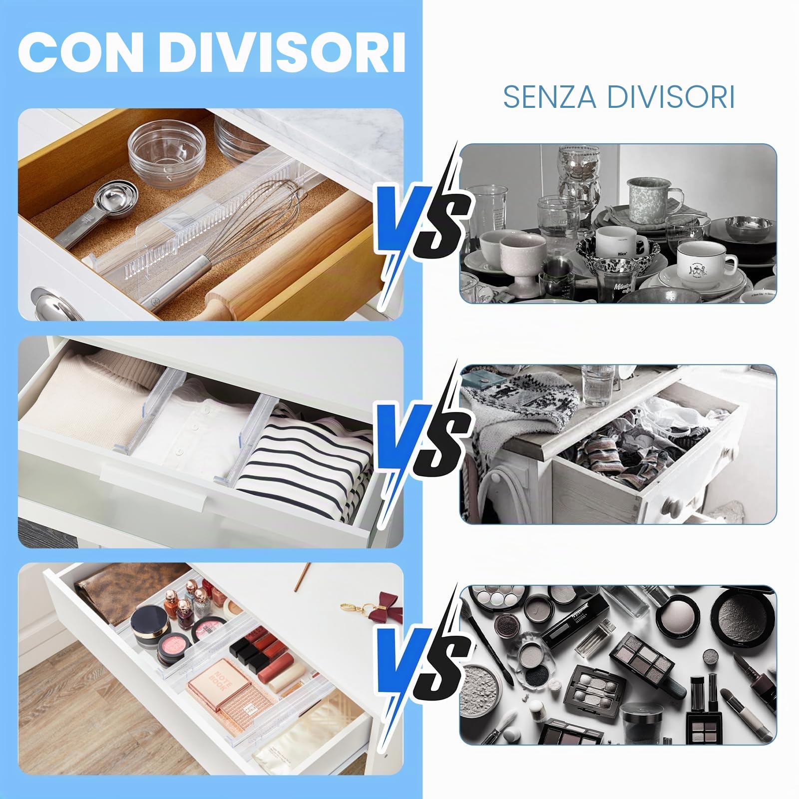 Divisori per Cassetti Regolabili, Set di 4 Separatori per Cassetti in Trasparente Plastica, Regolabile da 28,8 a 50 cm per Bagno, Ufficio, Comò, Trucco Conservazione