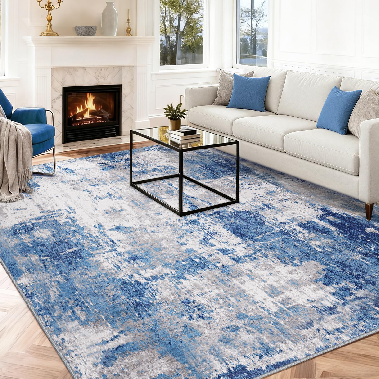 INOVADAY Washable Rugs Living Room 200x300 cm Modern Abstract Rug with Soft Low Pile Vacuum Friendly Non Slip Backing Minimalist Carpet for Lounge Bedroom Dining Room Home Office Blue/Grey