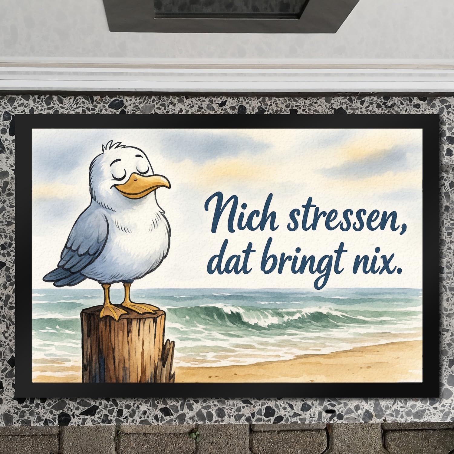 speecheese Möwe Nich stressen auf Aquarell Fußmatte XXL in 50x75 cm lustiger Türmatte-Spruch für entspannte Einzüge