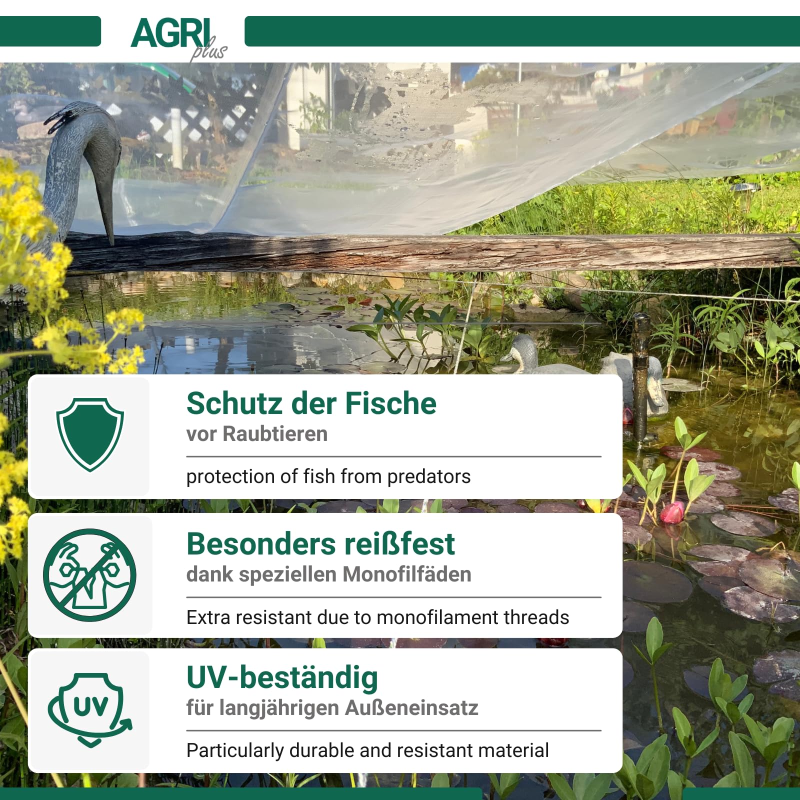 AGRI plus Teichnetz mit Ösen I 4 x 6 m I Verschiedene Maße I Engmaschiges Netz 0,8 x 0,8 mm I Teichschutz gegen Reiher I Schutznetz mit Randverstärkung I Abdecknetz UV-stabil & wasserdurchlässig