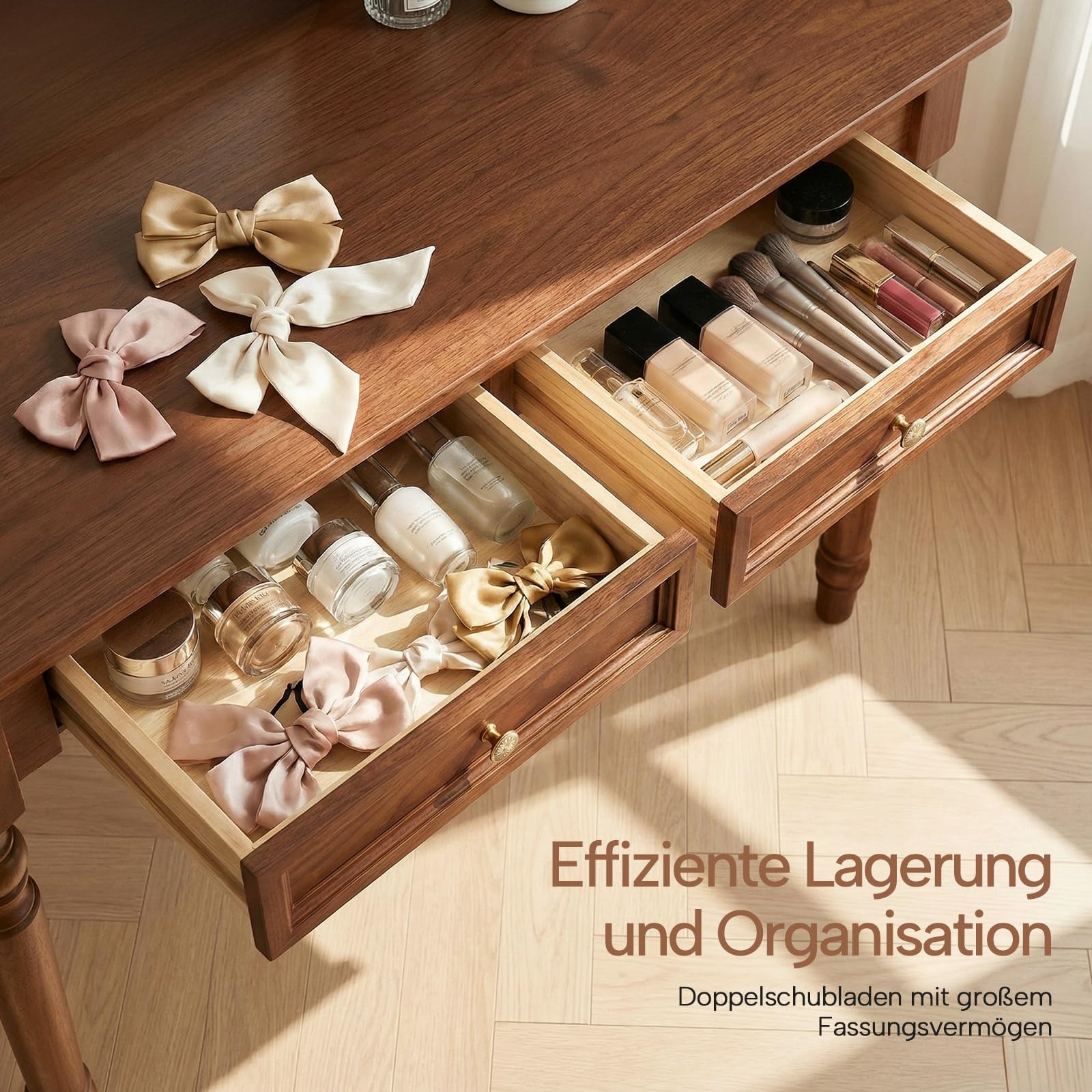 Schreibtisch Massivholz Landhausstil, 100 cm Sekretär Vintage Walnuss, Gummibaumholz Computertisch mit Schubladen, Konsolentisch für Home Office & Schlafzimmer