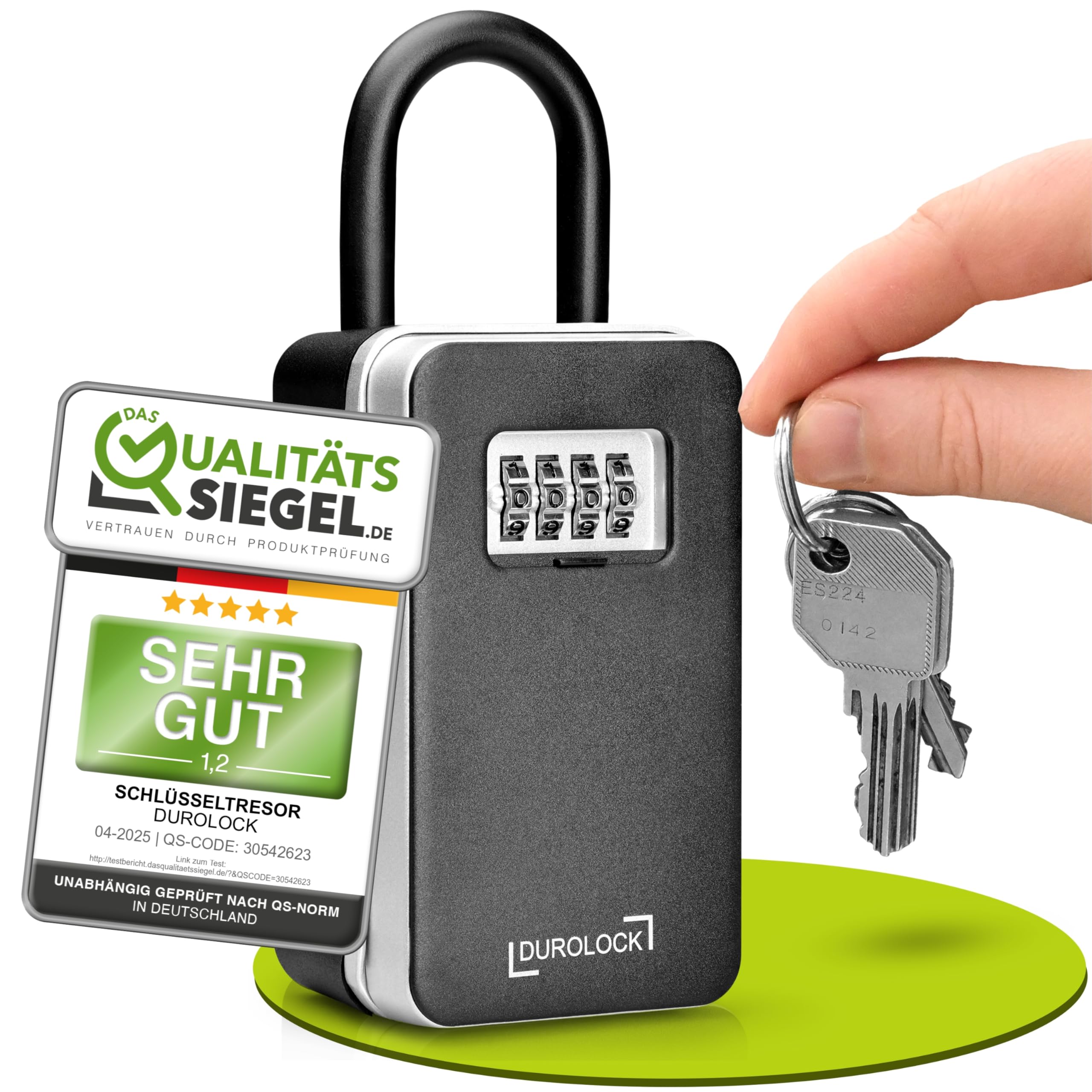 DUROLOCK Schlüsselkasten mit Zahlencode und Bügel aussen (wetterfest) - XXL Schlüsselbox mit Code für draußen - Schlüsselsafe mit Code - Schlüsseltresor mit Zahlencode für AirBnB, Büro & Familie