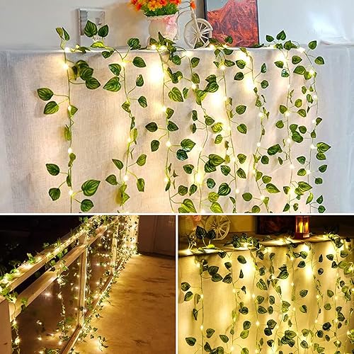 Miniatura 3 de Alpha Decor Hiedra para dormitorio 12 tiras de 240 luces LED en total guirnalda colgante de ratán de plantas falsas para bodas fiestas patio pared y