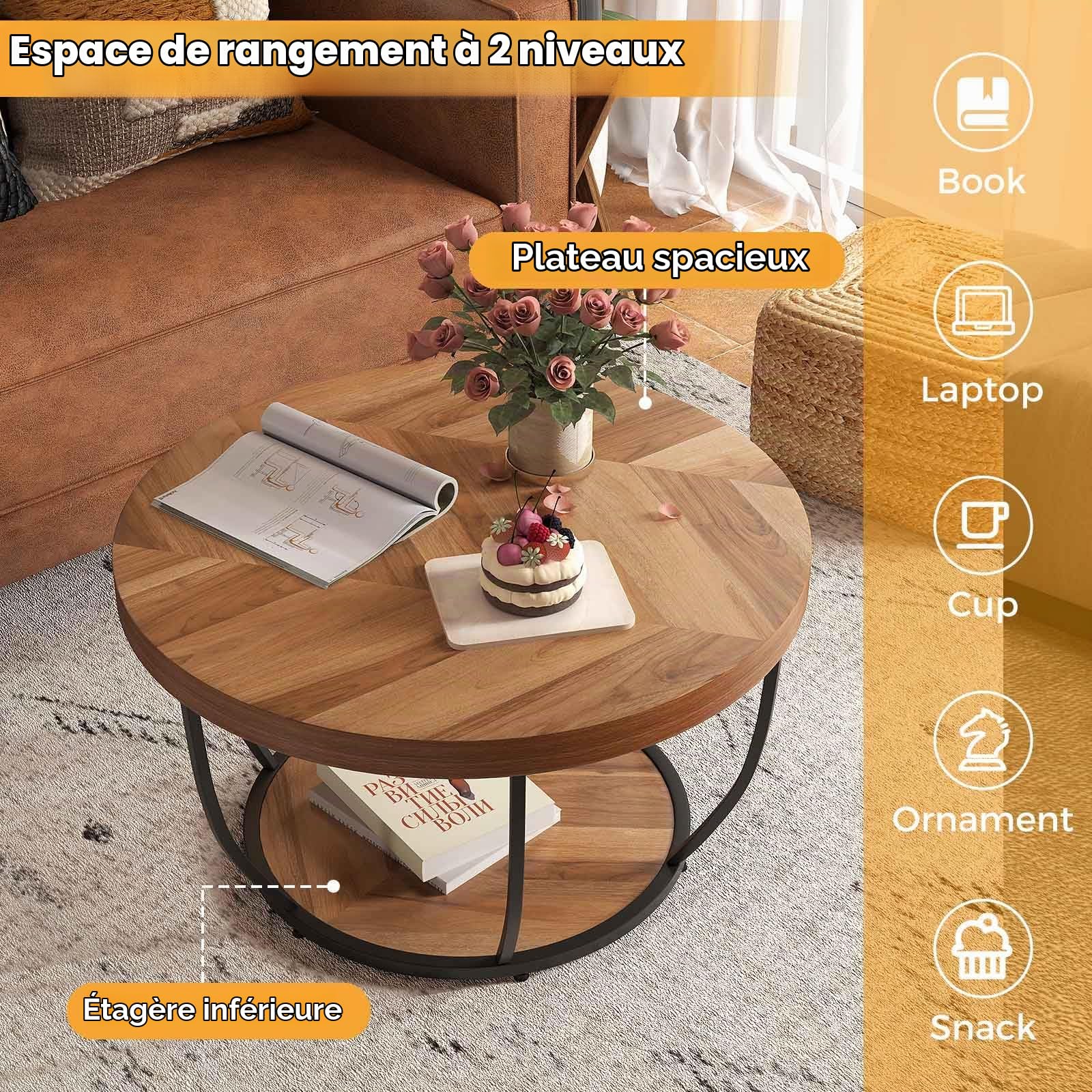 LIFEZEAL Table Basse Ronde, Table Basse à 2 Niveaux avec Structure en Métal, Meuble de Salon, 80 x 80 Cm, Style Industriel (Naturel)
