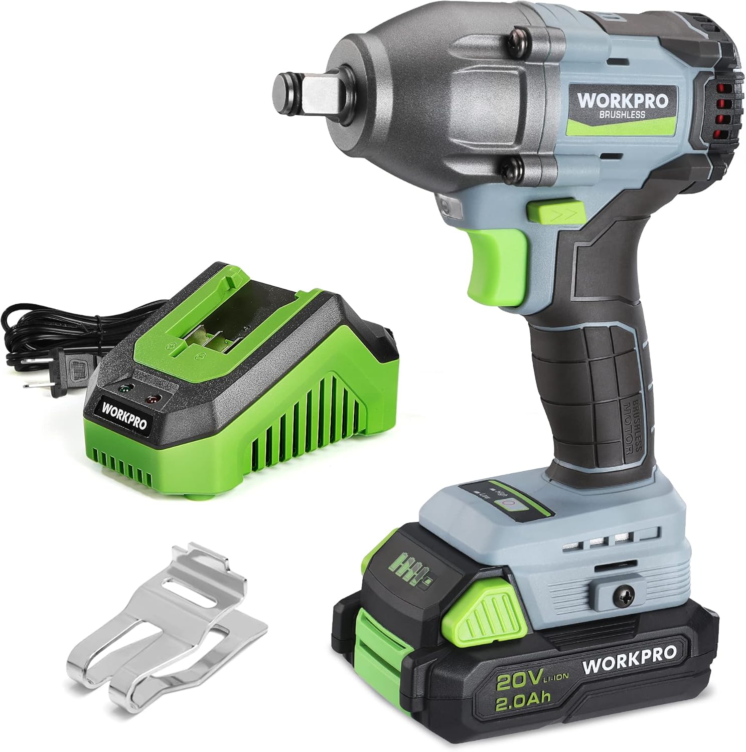 Product image of WORKPRO 20V Cordless Impact Wrench 1/2 in, Brushless Impact Gun with Battery and Charger, High Torque 370 ft-lbs (500N.m), LED Work Light and Belt Clip Included